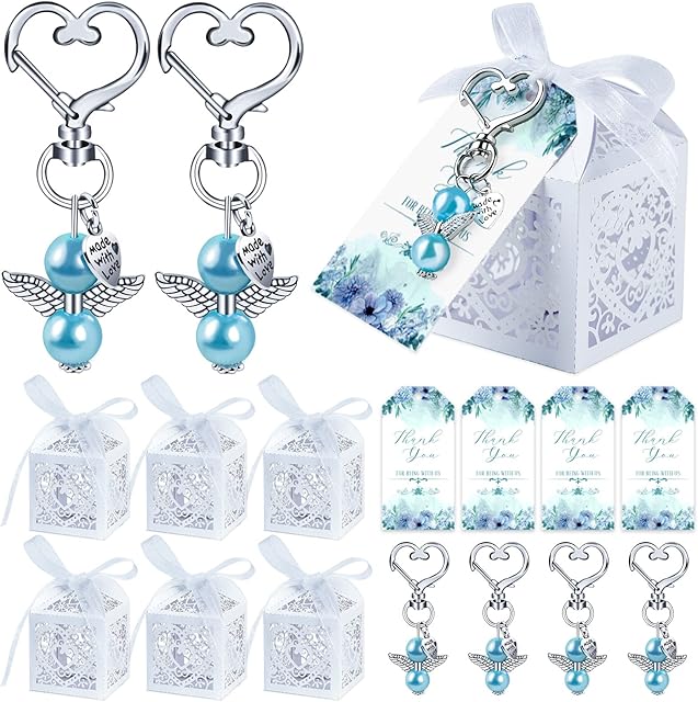 OurWarm 48Pcs Baby Shower Favours Including Cute Angel Keychains, Favour Boxes and Thank You Cards for Baptism Favors, Bridal Shower Favours, Gender Reveal Party Favours, Wedding Favours for Guests