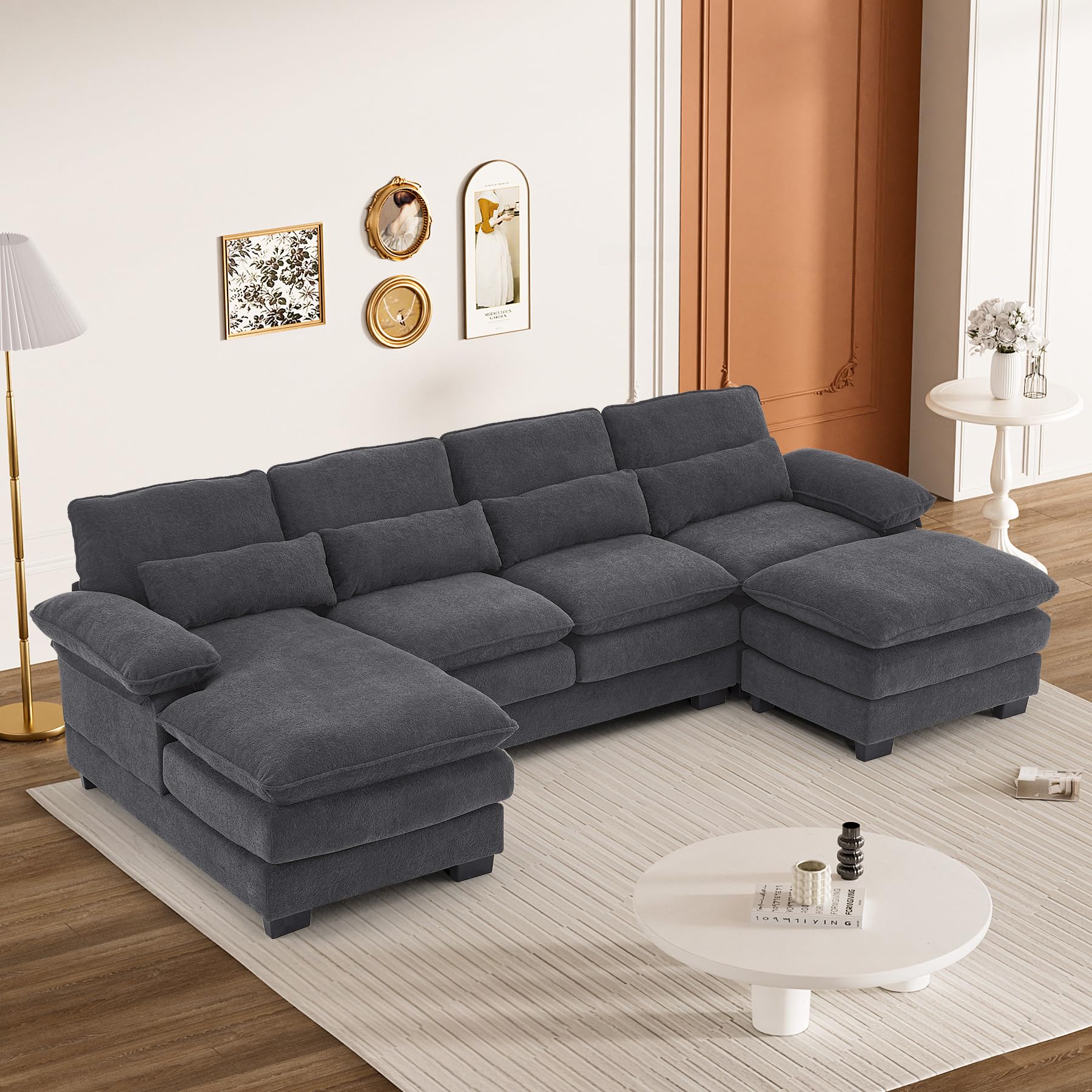 U Shape Sectional Sofa Cloud Couch for Living Room, 114" Comfy Modular Sofa, Modern Upholstered Chenille Deep Seat L Shape Couches with Lounge Chaise Ottoman Pillows, Dark Grey