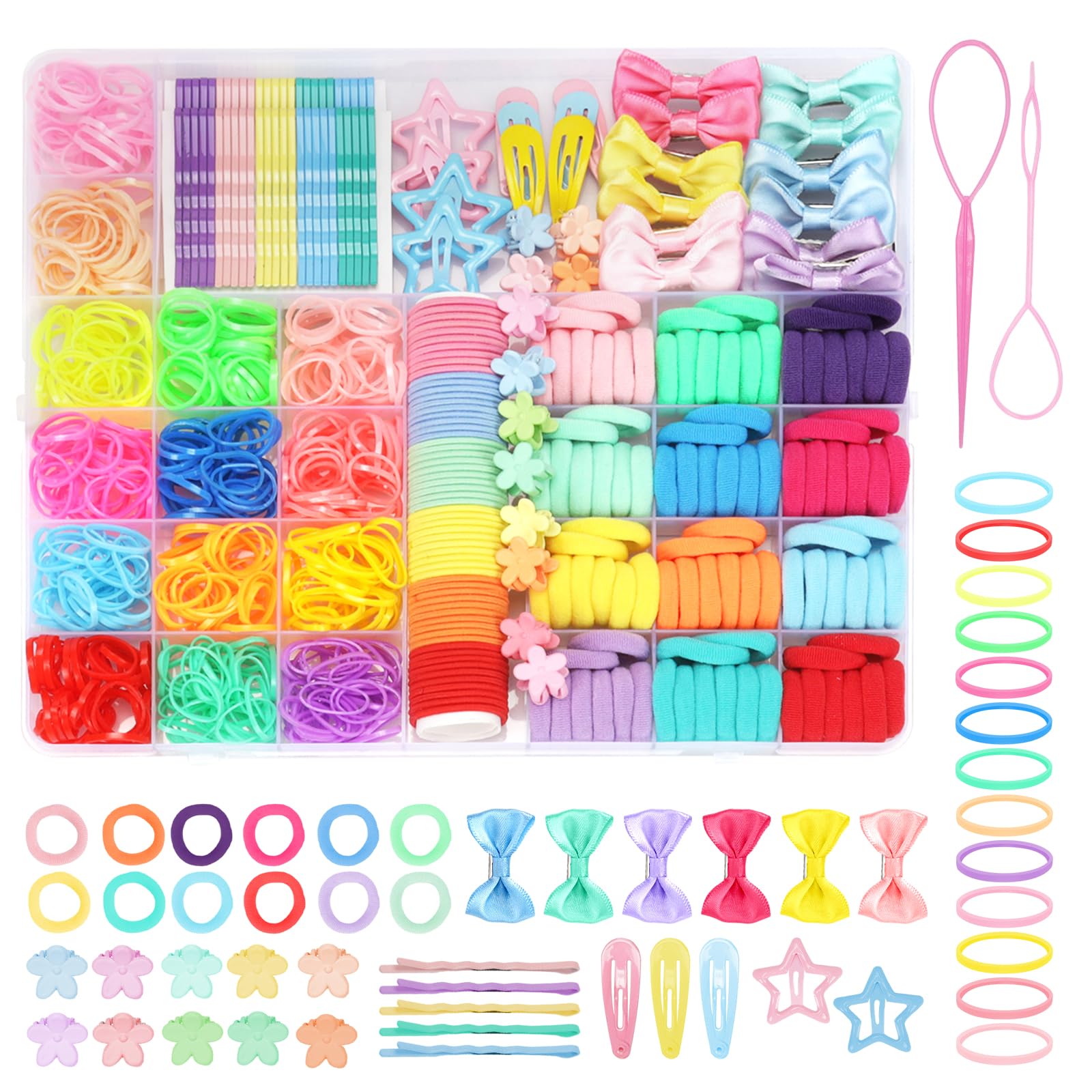 940Pcs Cotton Hair Accessories Set with Bow Clips, Rubber Bands, Elastic Holders, and Organizer Box for Girls and Toddlers