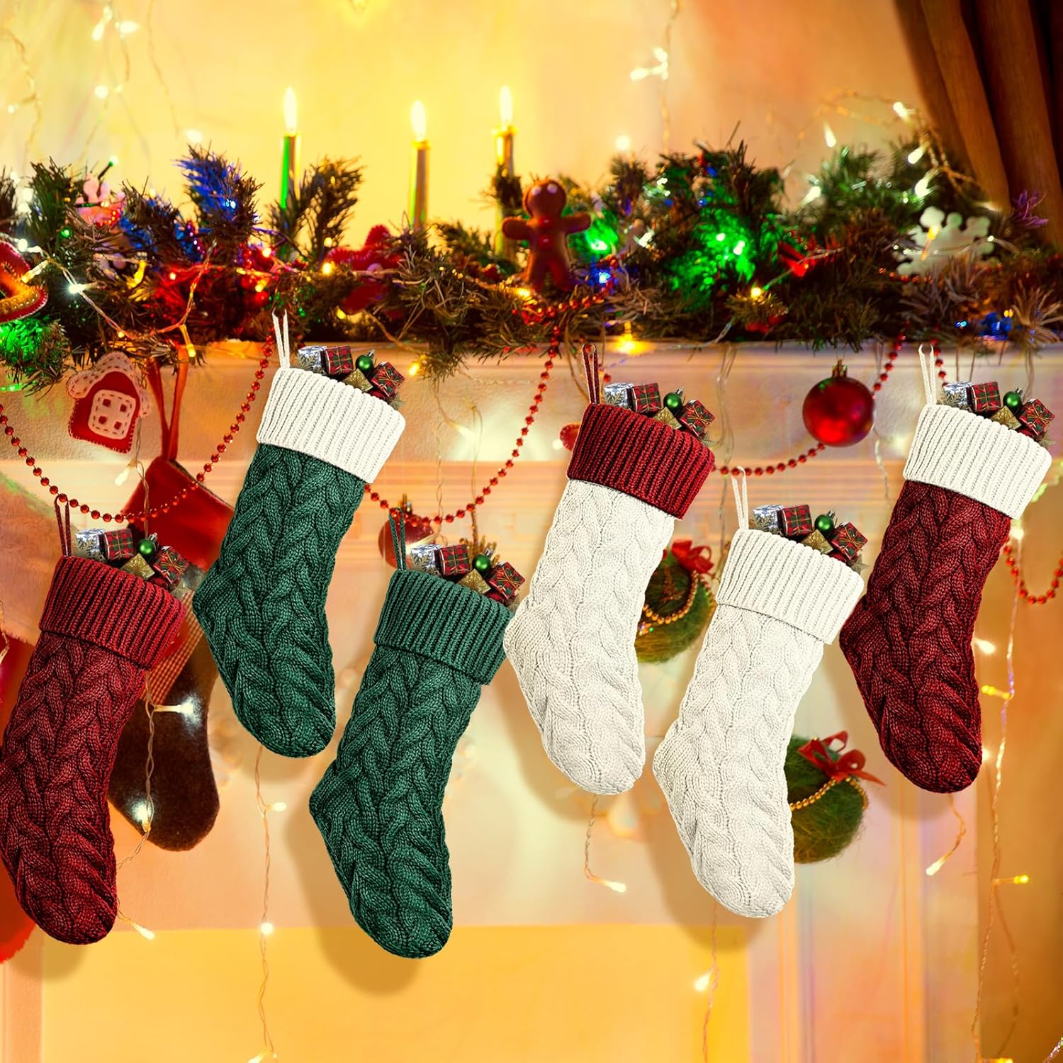 Vinsot 12 Pcs Christmas Stockings Bulk 18 Inches Large Rustic Cable Knitted Christmas Stocking Fireplace Hanging Stockings Gifts for Family Holiday Xmas Party Decorations (6 Colors)