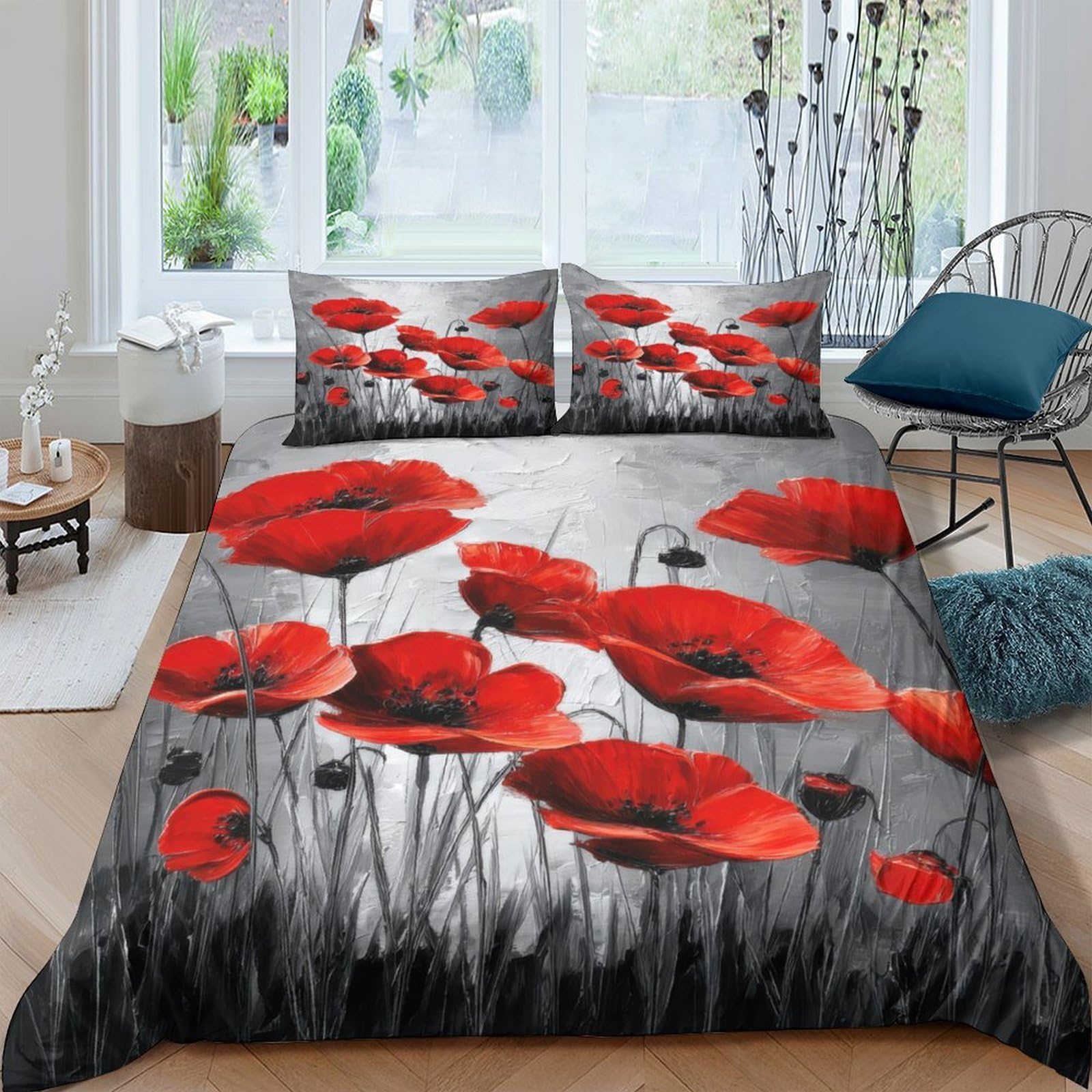 P5V6M1Q9 3D Printed Red Poppy Flower Duvet Cover Microfiber Soft Breathable Black White Bedding Set with 2 Pillowcases for Bedroom Decor Single（135x200cm）