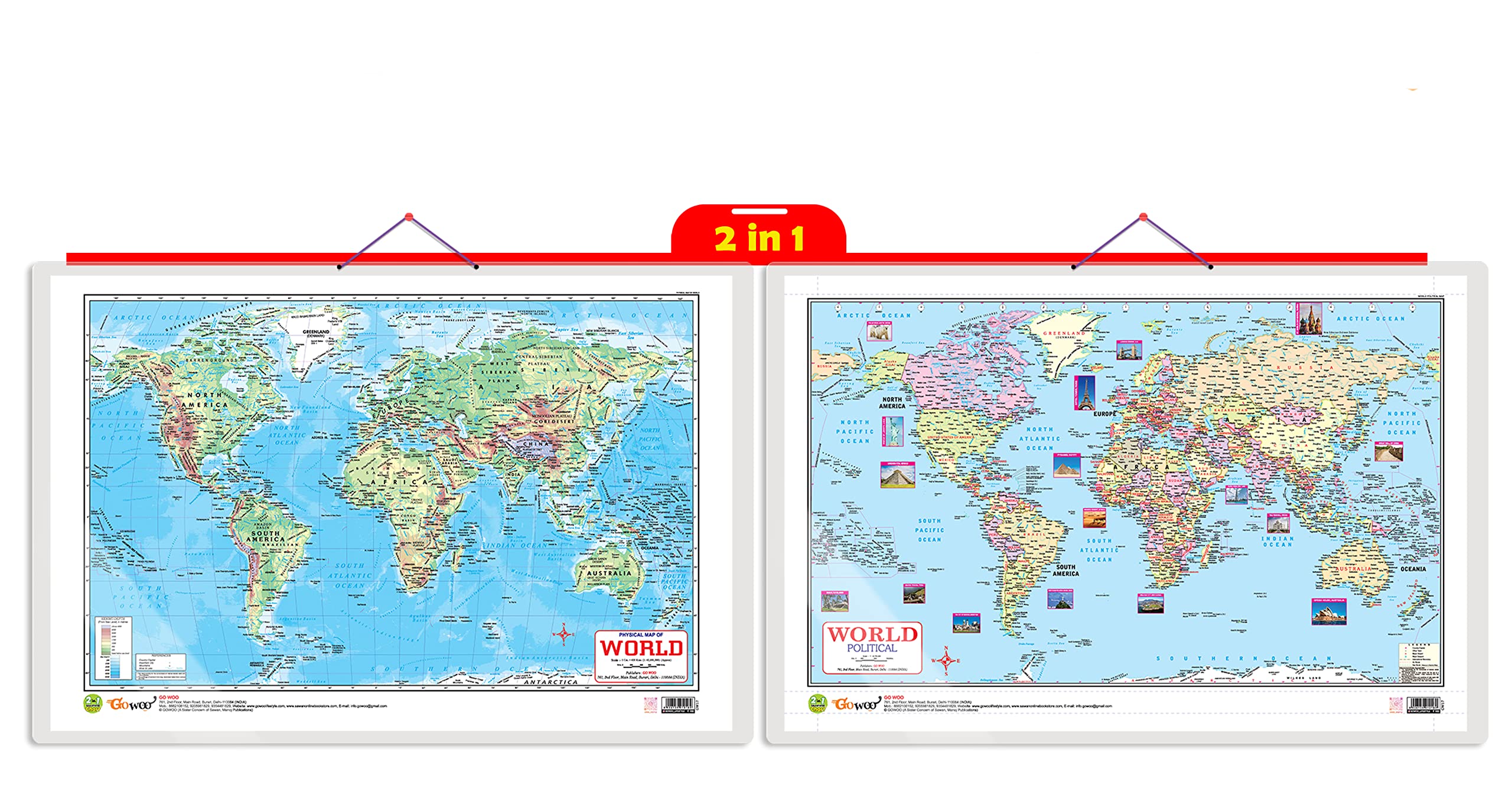 2 IN 1 WORLD POLITICAL AND PHYSICAL MAP IN ENGLISH Charts with Big font and Dust resistant Lamination | 300 GSM Recyclable Charts