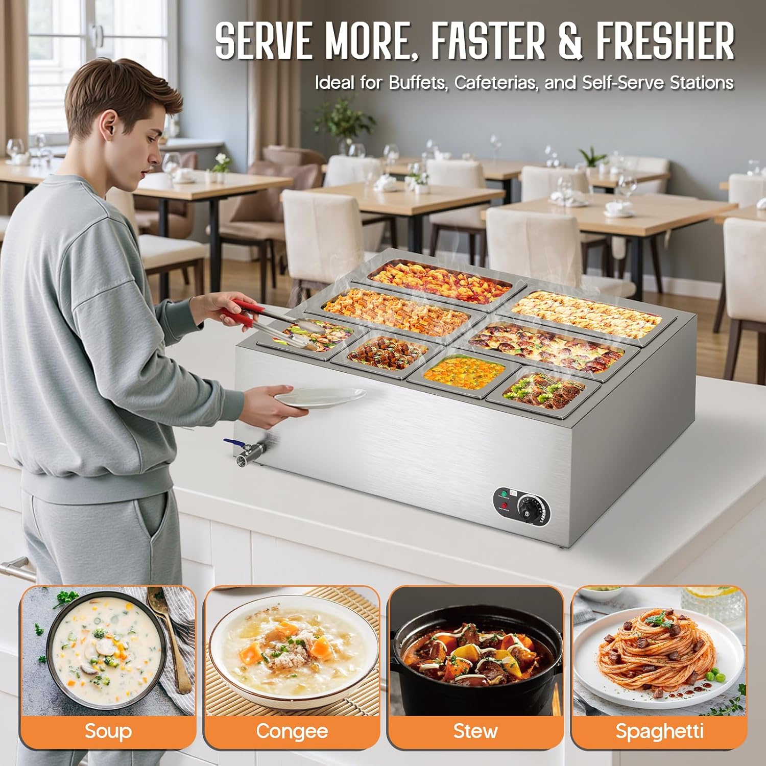 Jocisland 8-Pan Commercial Food Warmer, 48QT Electric Steam Table, 1200W Stainless Steel with Temp Control, Lid & Food Tongs for Catering and Parties, 110V