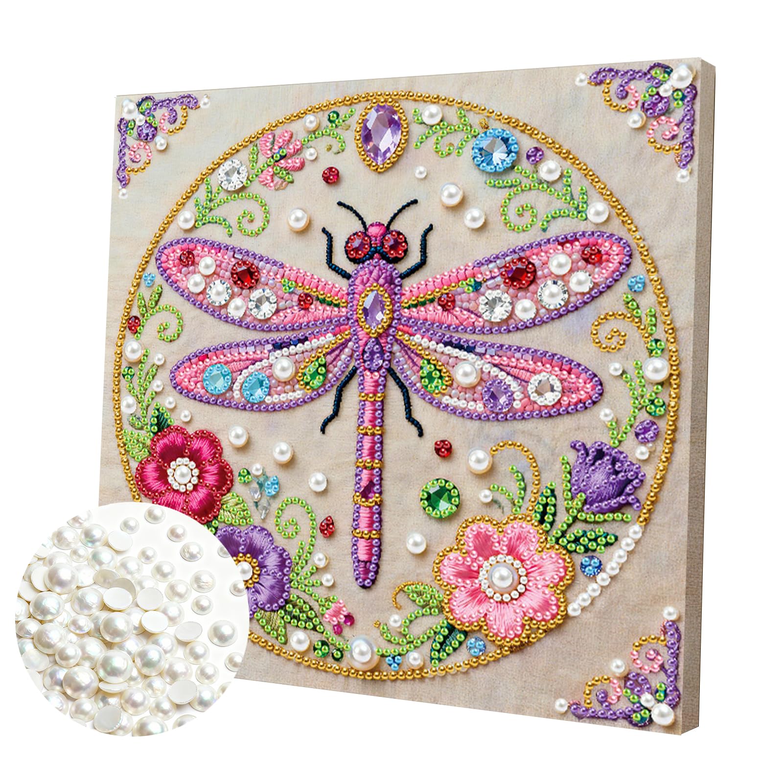 DIY Pearl Painting Kit with Wooden Frame, 3D Plastic Pearl Gemstone Ocean Art Craft for Adults Beginners, Diamond Dot Painting, Home Wall Decor Ready Gift for Women(Flower Dragonfly)(25 * 25cm)