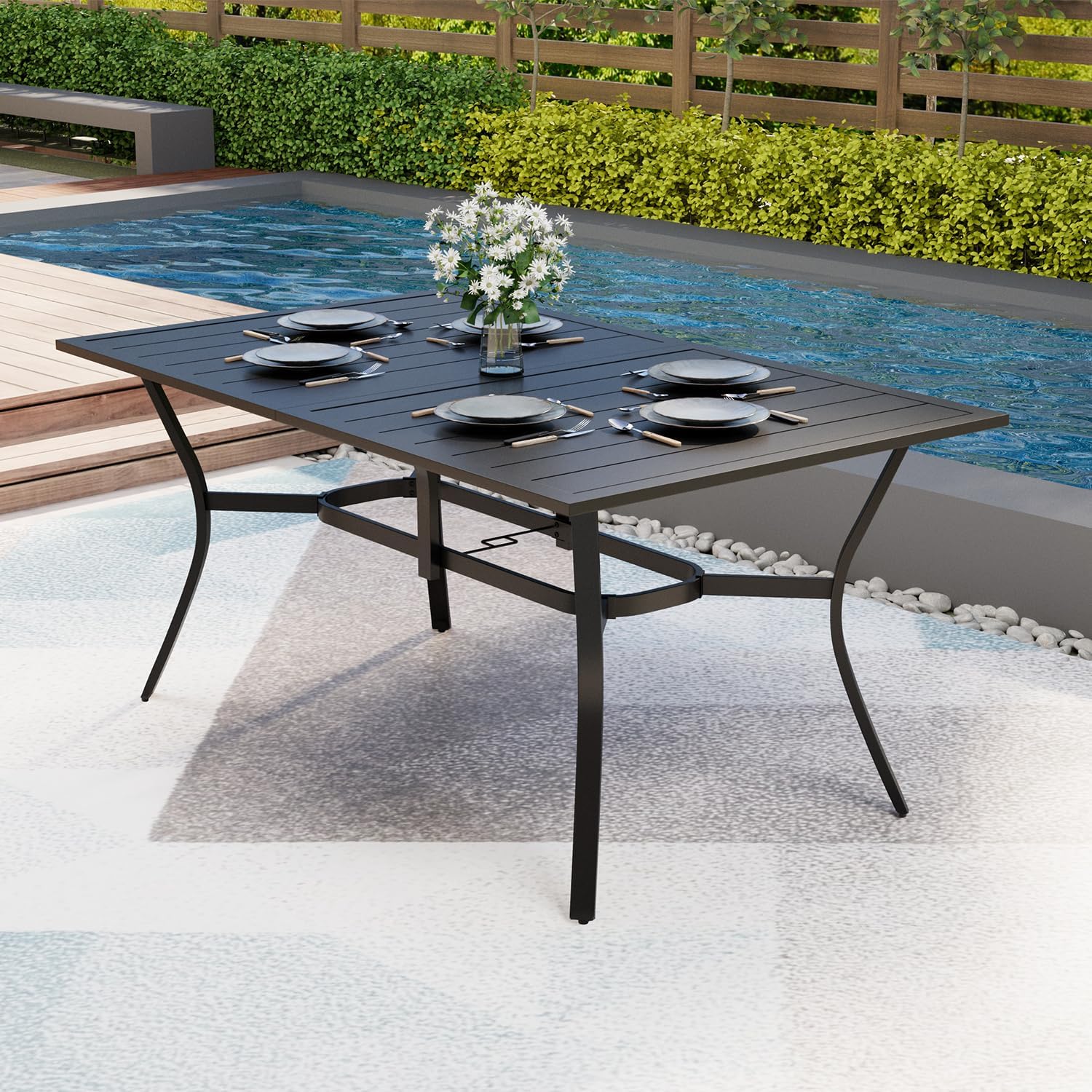 MELLCOM 63''x38'' Outdoor Dining Table for 6, E-Coating Metal Patio Dining Table with 1.57'' Umbrella Hole, All-Weather Black Rectangular Table for Porch, Garden, Backyard, Poolside, Lawn