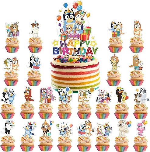 49 piezas de decoración de pastel de fiesta de perro azul, lindos adornos de cumpleaños de perro azul, regalos de fiesta temática de perro azul para