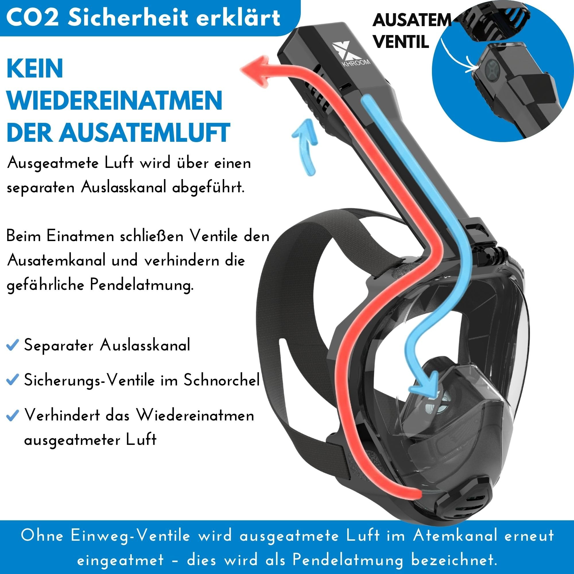 Khroom Schnorchelmaske für Erwachsene Seaview Pro, CO2 sicher | Bekannt aus Höhle der Löwen | Vollgesichtsmaske | 3x größerer Luftkanal | Anti-Beschlag | Action-Cam-Halterung