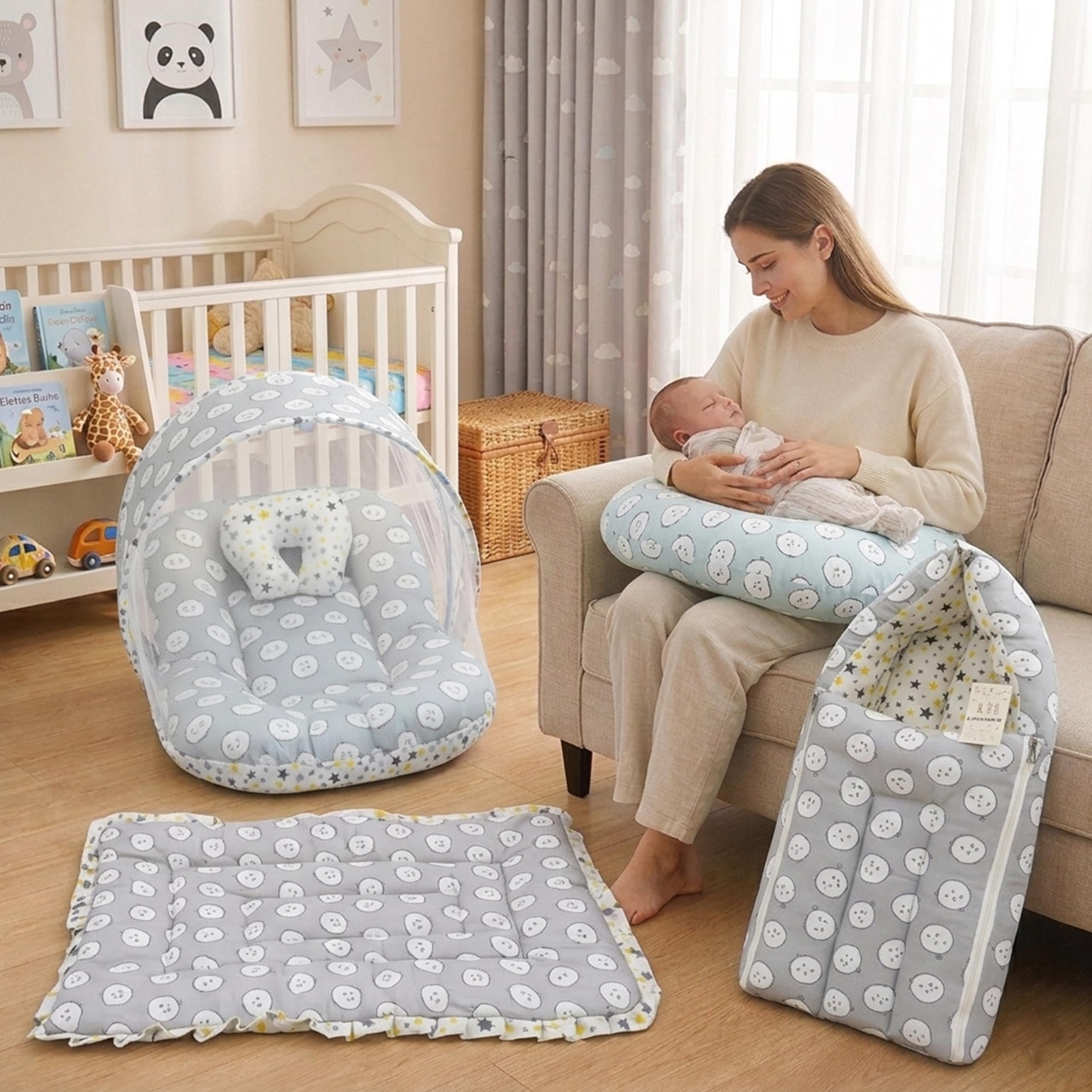 Infantbond by Fareto Baby Bedding Set Essentials Combo | Baby Bed | Carry Bag | Sleeping Bag | Hand Carry Bed | Feeding Pillow (0-6 Months)(All in 1) (Grey Ship)