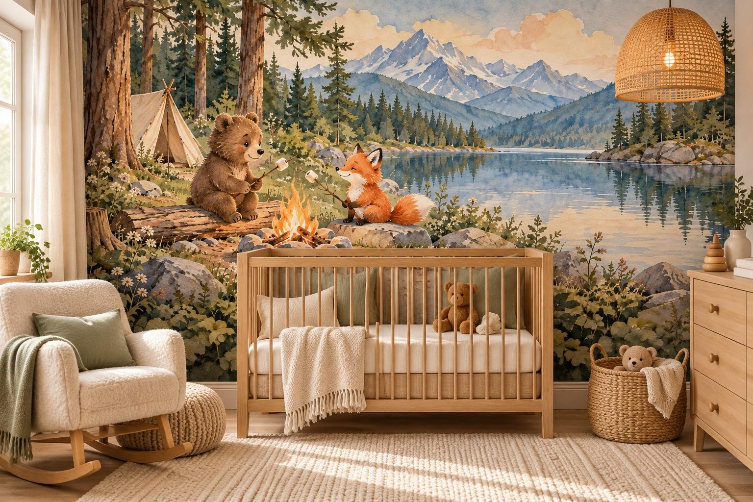 MOOGCO Bär und Fuchs am Lagerfeuer Fototapete, selbstklebende Wandtapete fürs Kinderzimmer, Aquarell Camping Tapete fürs Babyzimmer, 60 x 40 in