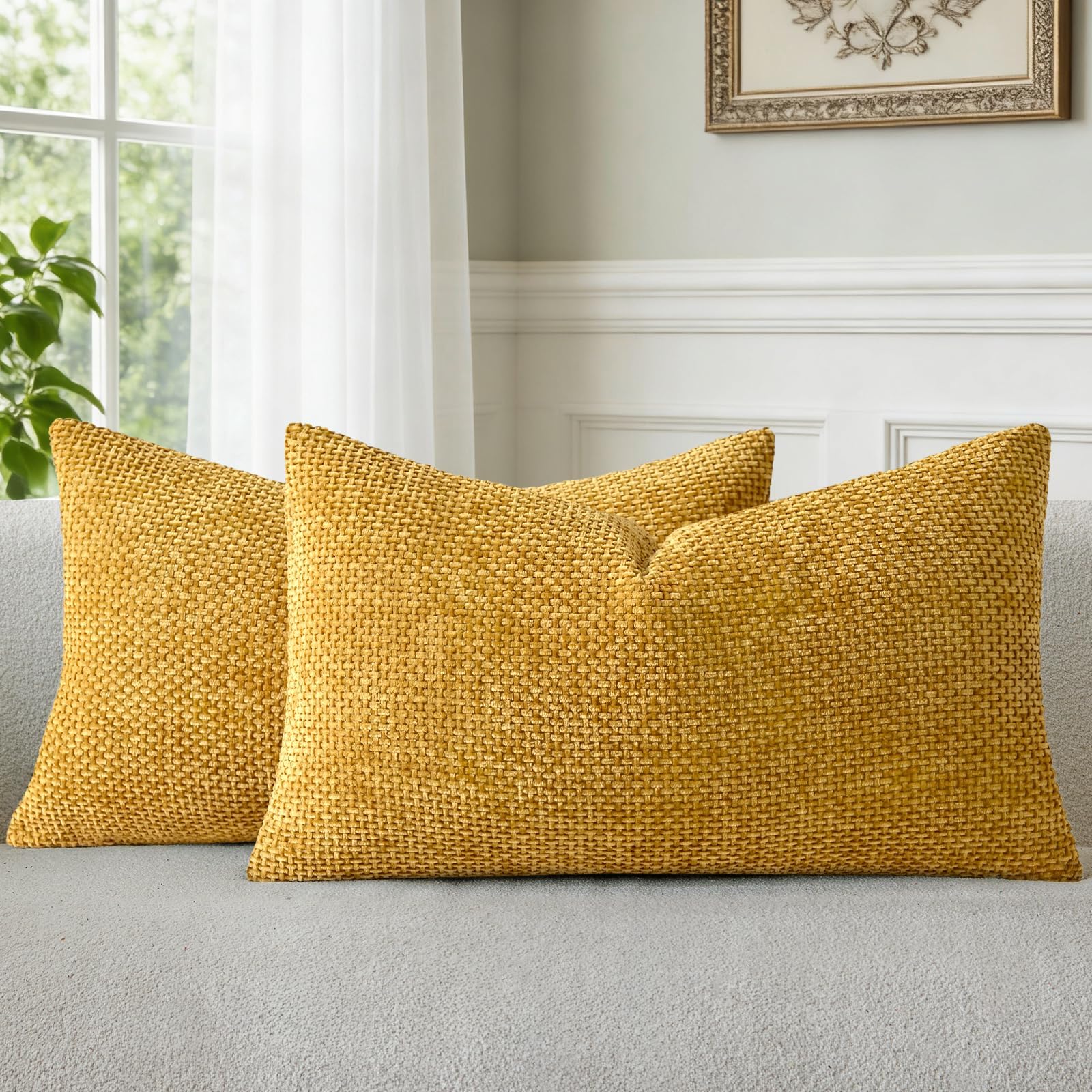 Mustard Yellow Chenille Throw Pillow Covers 12x20 Inch Pack of 2 Modern Decorative Throw Pillow Covers Farmhouse Cross Covers Home Decor for Sofa Bedroom Living Room