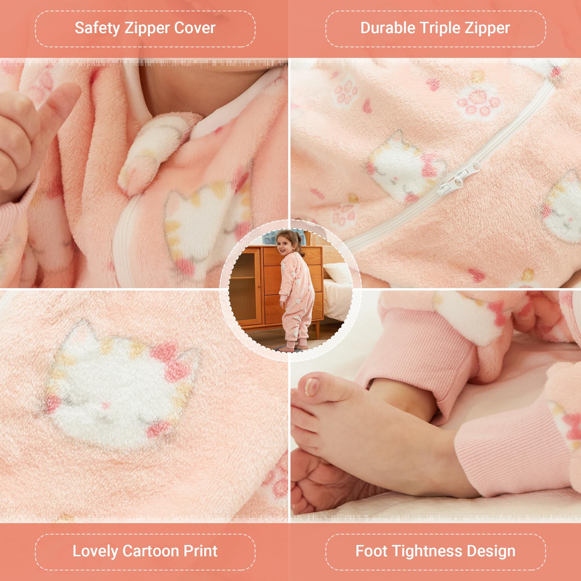 COOKY.D Unisex Baby Girls Boys Flannel Long Sleeve Sleeping Blanket with Feet Toddler Triple Zipper Cartoon Sleeping Bags,Pink Cat 2-3 Years - Image 4