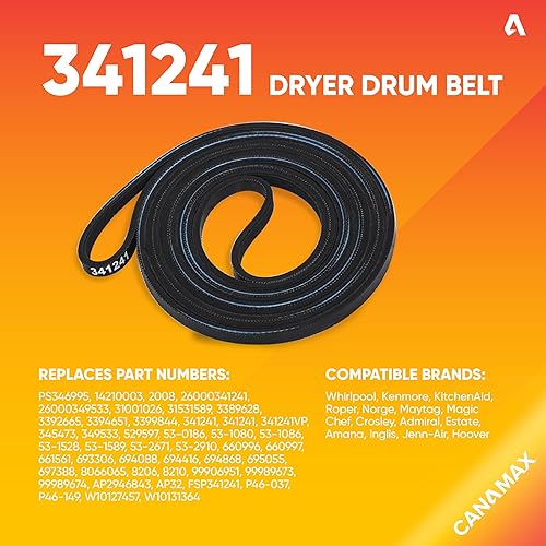 Miniatura 2 de Canamax 341241 Correa de tambor de secadora para AP2946843 W10127457 FSP341241 8066065 694088 - Compatible con Kenmore Whirlpool KitchenAid -
