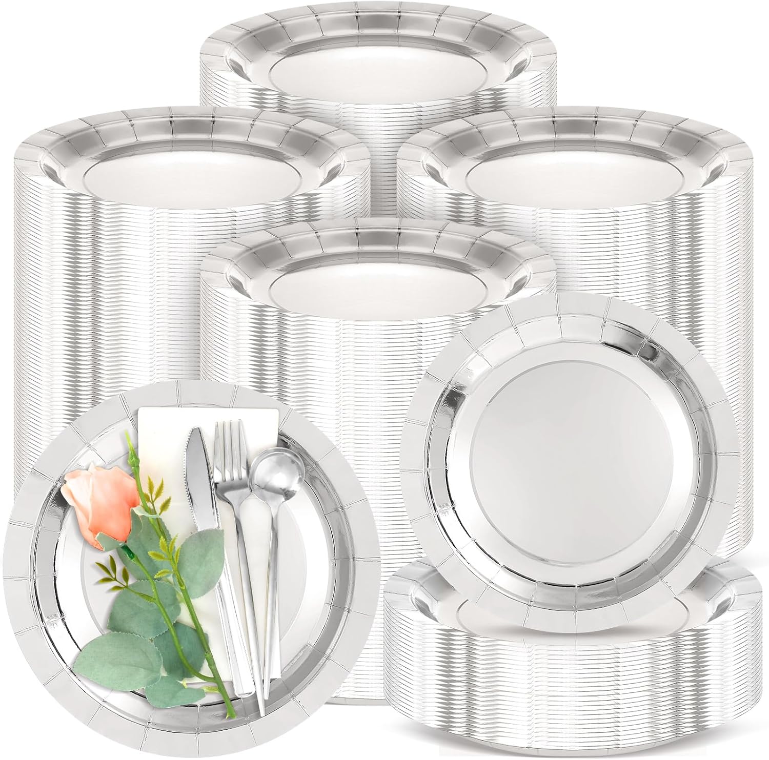 Patelai 160 Pcs Paper Charge for Dinner Plates Bulk 13 Inch Disposable Charger Plates Table Serving Tray Heavy Duty Paper Cardboard Chargers for Wedding Birthday Party Table Setting (Silver)