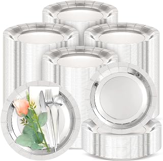 Patelai 160 Pcs Paper Charge for Dinner Plates Bulk 13 Inch Disposable Charger Plates Table Serving Tray Heavy Duty Paper Cardboard Chargers for Wedding Birthday Party Table Setting (Silver)