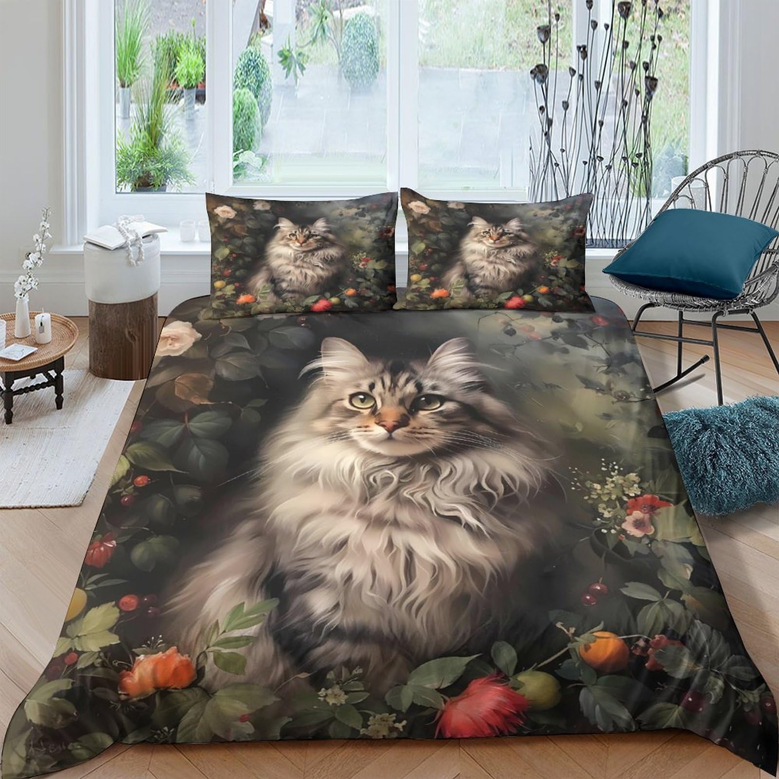 Ctjqhvkz Style-8 3D Printed Fluffy Cat Fitted Sheet Microfiber Soft Animal Floral Bed Cover For Bedroom Guestroom Mattress Decor Single（135X200cm）