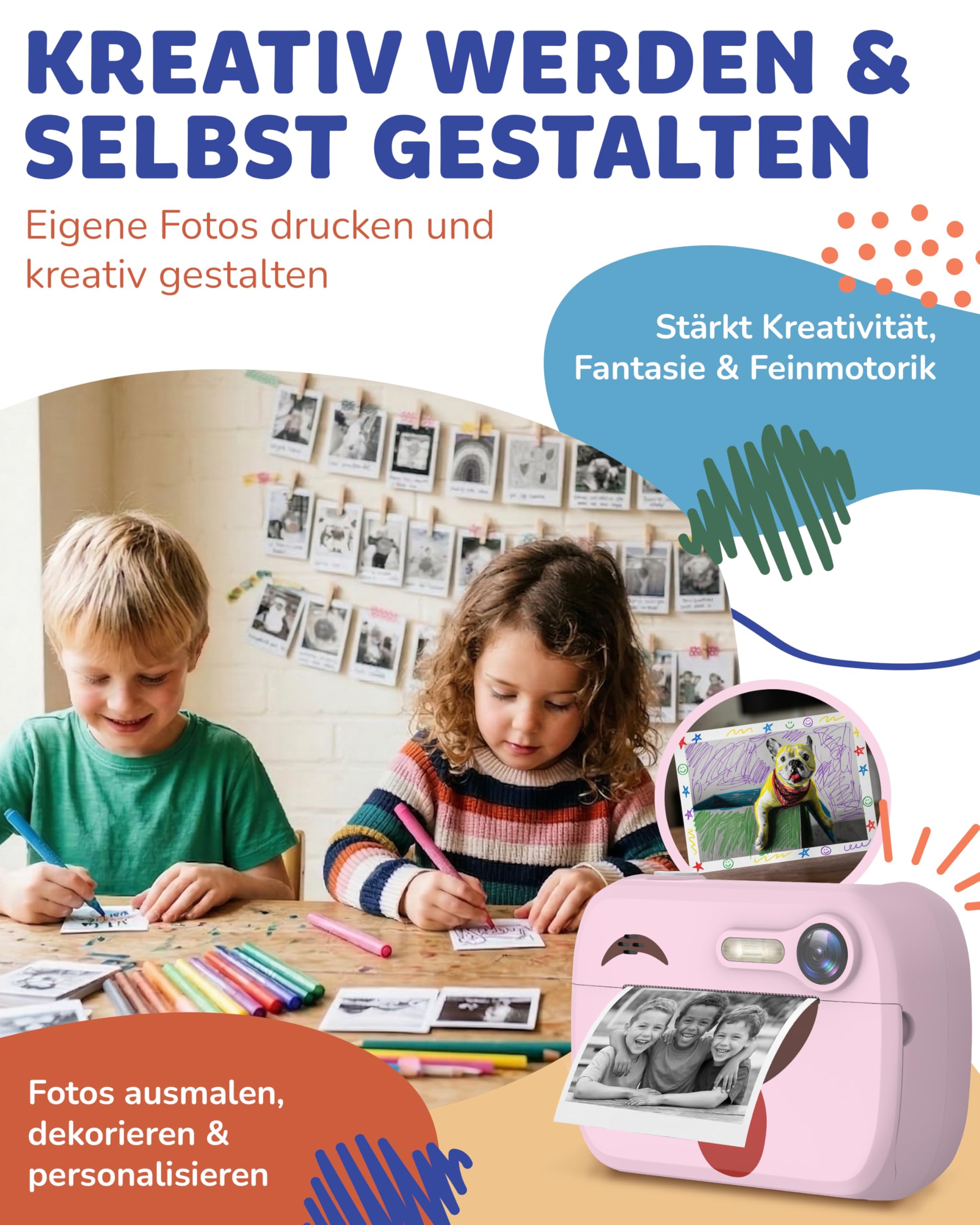 Cámara infantil instantánea para niños, cámara digital de impresión instantánea – Cámara para niños con impresión fotográfica, 16 GB SD, 4 rollos, pegatinas, bolígrafos, USB-C, sin juegos (azul)