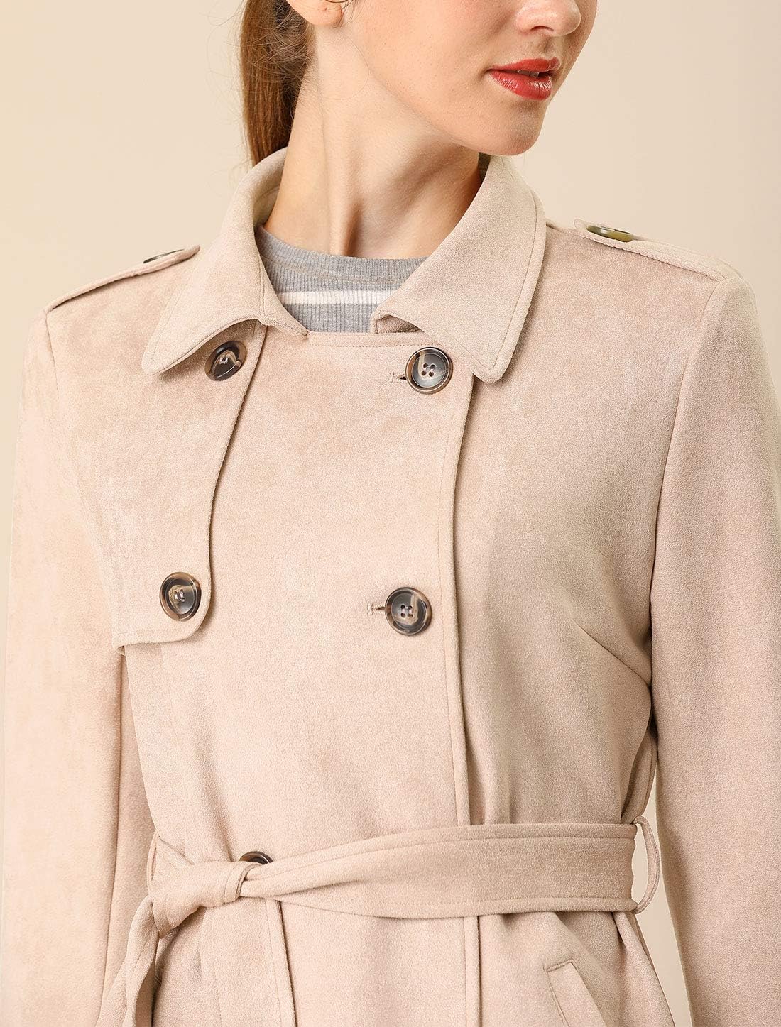 Allegra K Women's Faux Suede Trench Coat Notched Lapel Double Breasted Jacket with Belt - Image 6