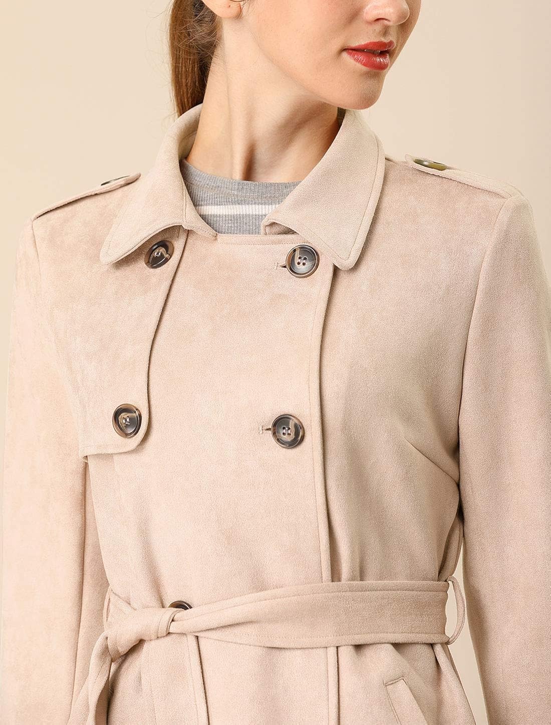 Allegra K Women's Notched Lapel Double Breasted Faux Suede Trench Coat Jacket with Belt : Clothing, Shoes & Jewelry