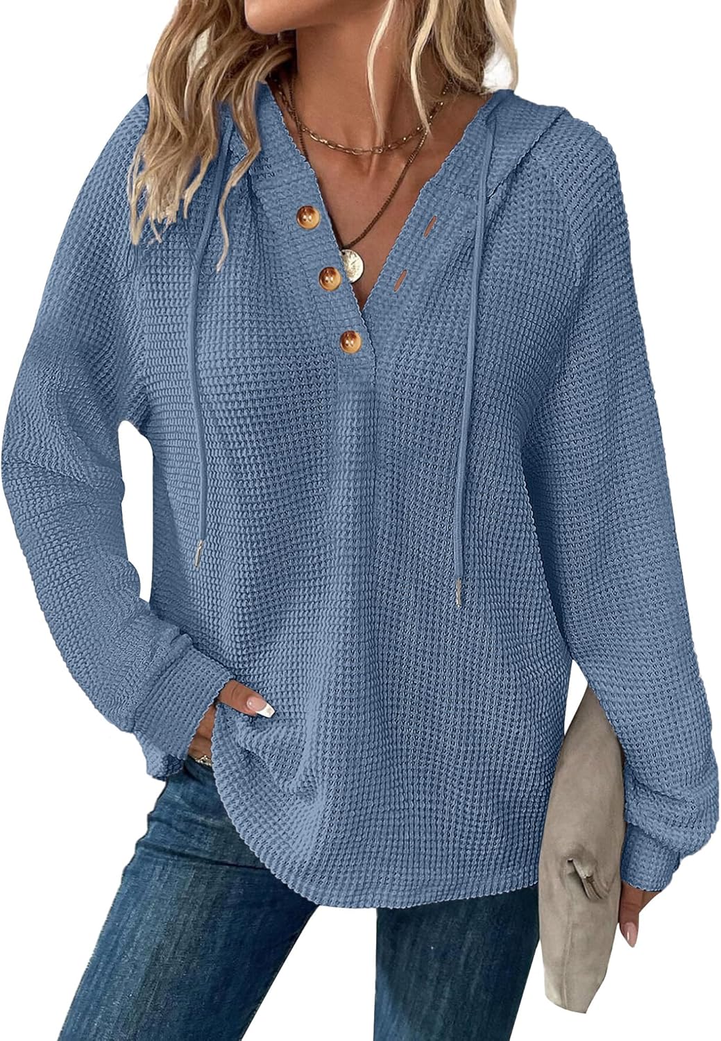 Waffle Knit Hoodie Button Down Shirts for Women 