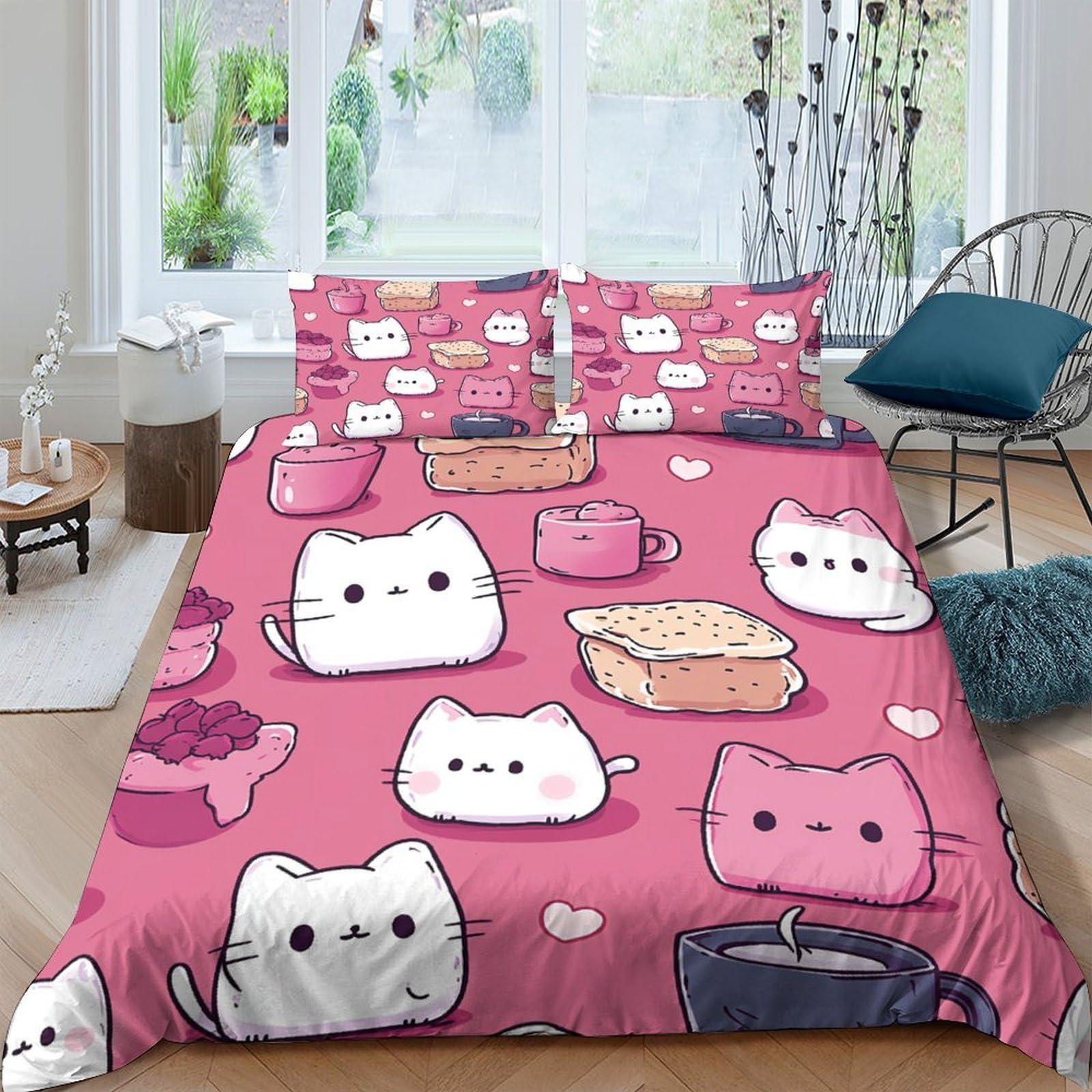 Ctjqhvkz Style-9 3D Printed Pink Cute Cat Fitted Sheet Microfiber Soft Slip-Resistant Cartoon Coffee Mug Bed Cover For Bedroom Guestroom Decor Single（135X200cm）