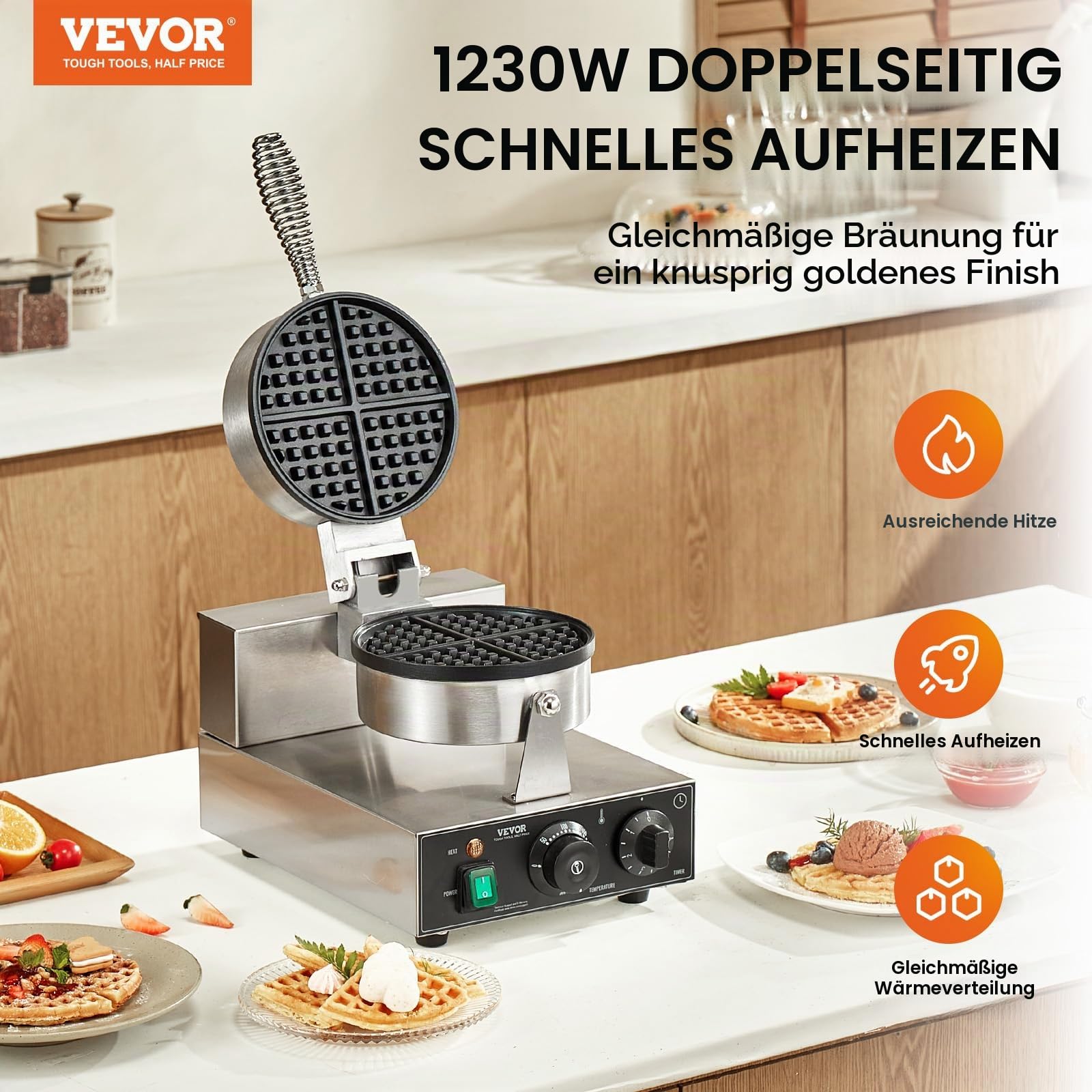 VEVOR kommerzielles Waffeleisen 1230 W Waffel Maker mit antihaftbeschichteten Backflächen Waffeleisen aus Edelstahl mit Temperatur- und Zeitregelung, für Restaurant Bäckerei 4 Fächerfömige Waffeln