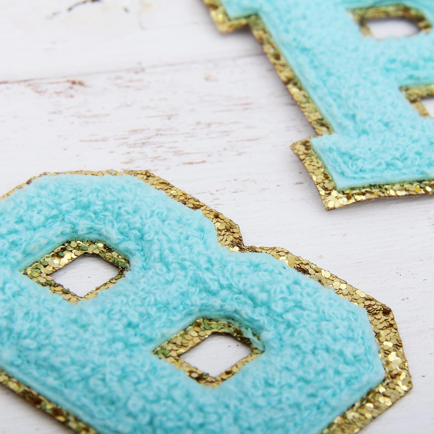 3 Pack Chenille Iron On Glitter Varsity Letter 5cm Tall "B" Patches - Blue Chenille Fabric with Gold Glitter Trim - Sew or Iron on - 5CM BLU B
