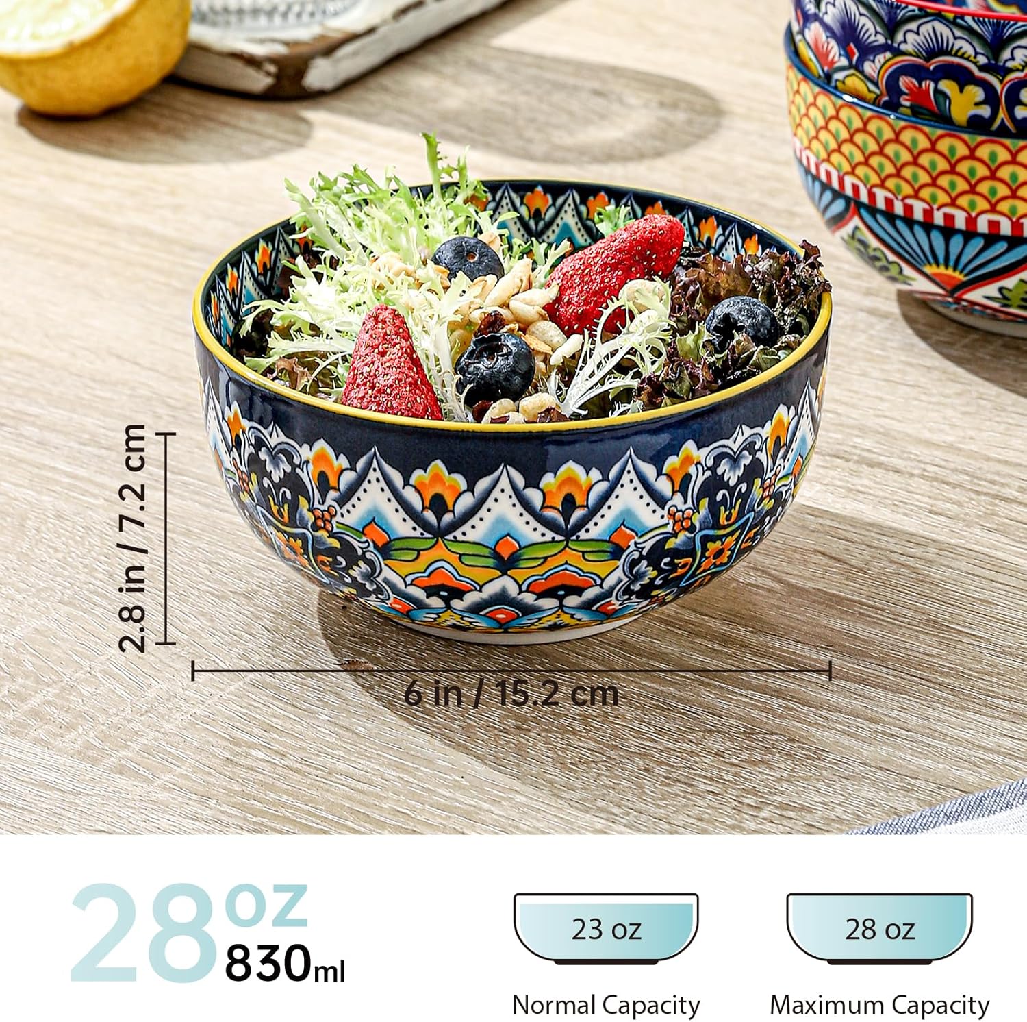 HENXFEN LEAD Boho Cereal Bowls Set of 6, 28 oz Ceramic Soup Bowls – Colorful Bowls for Salad, Oatmeal, Ramen, Rice and Pasta, Microwave & Dishwasher Safe