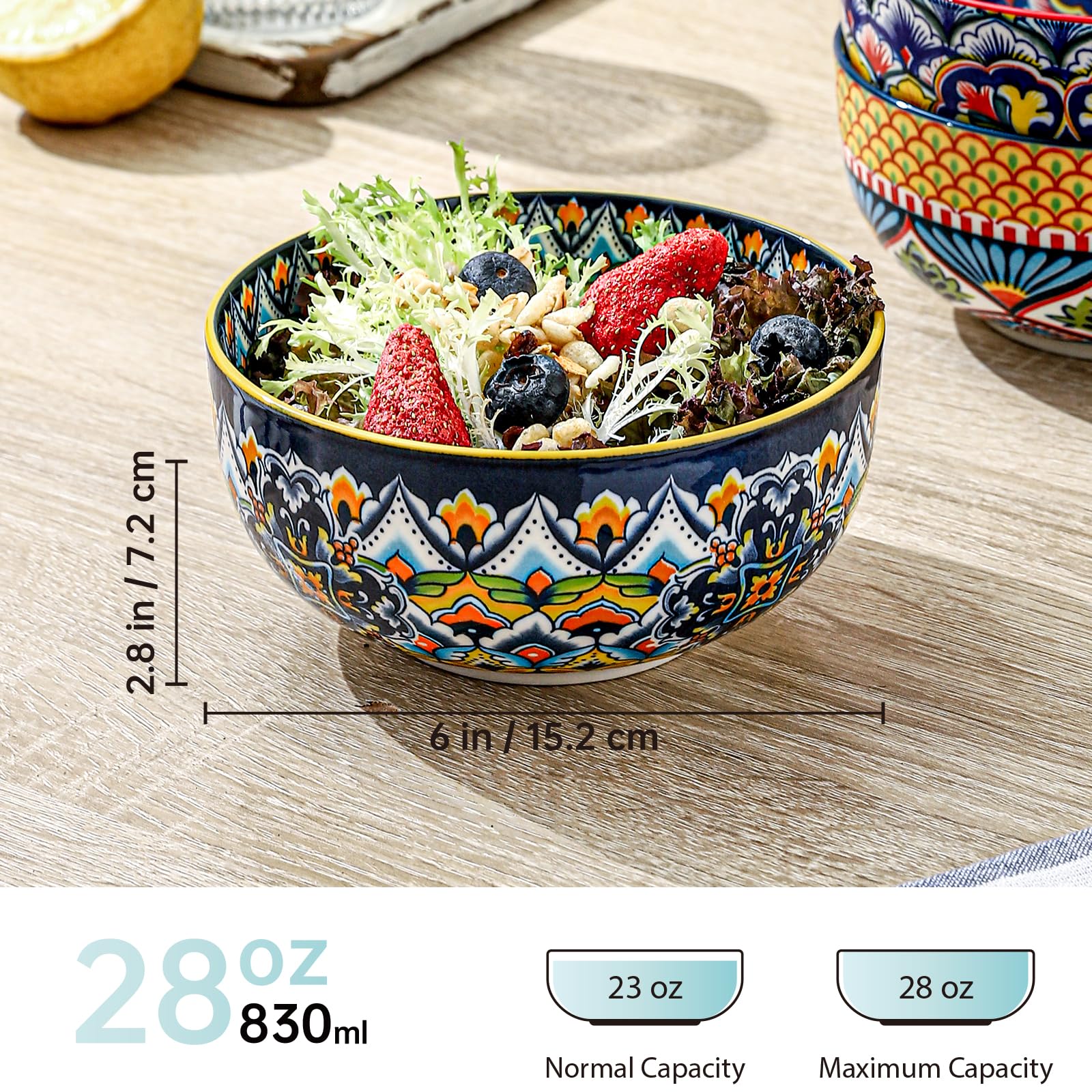 HENXFEN LEAD Ciotole per cereali in porcellana, 6 pezzi Ciotole da 850 ml per cereali, zuppe, insalate, pasta, ecc. Design floreale bohemien in 6 vivaci colori