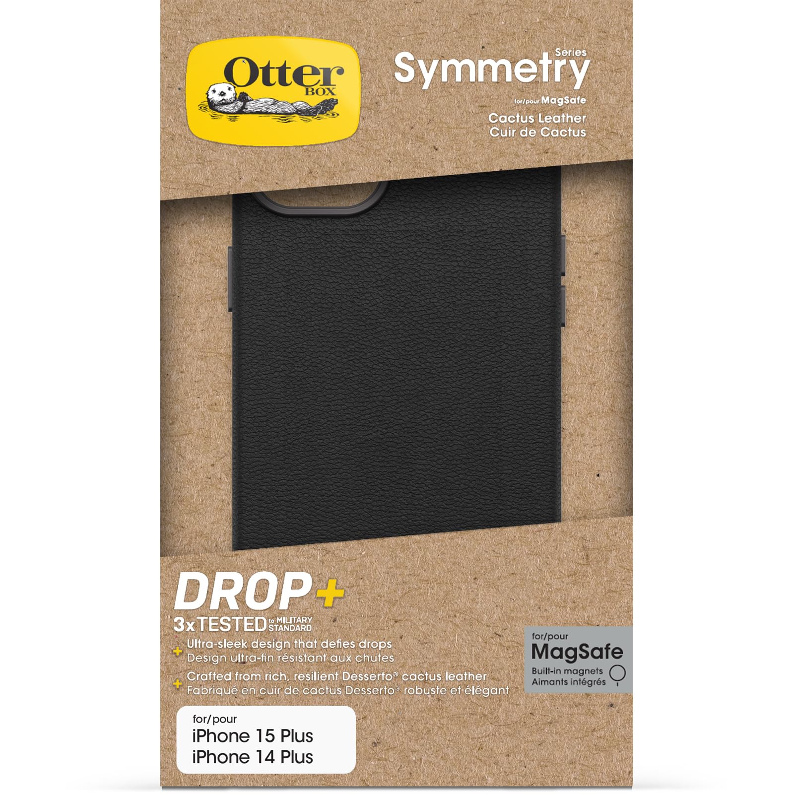 OtterBox Symmetry Series Cactus Leather MagSafe Custodia per iPhone 15 Plus, custodia protettiva sottile antiurto, a prova di caduta, testata 3x norme MIL-STD 810G, Nero