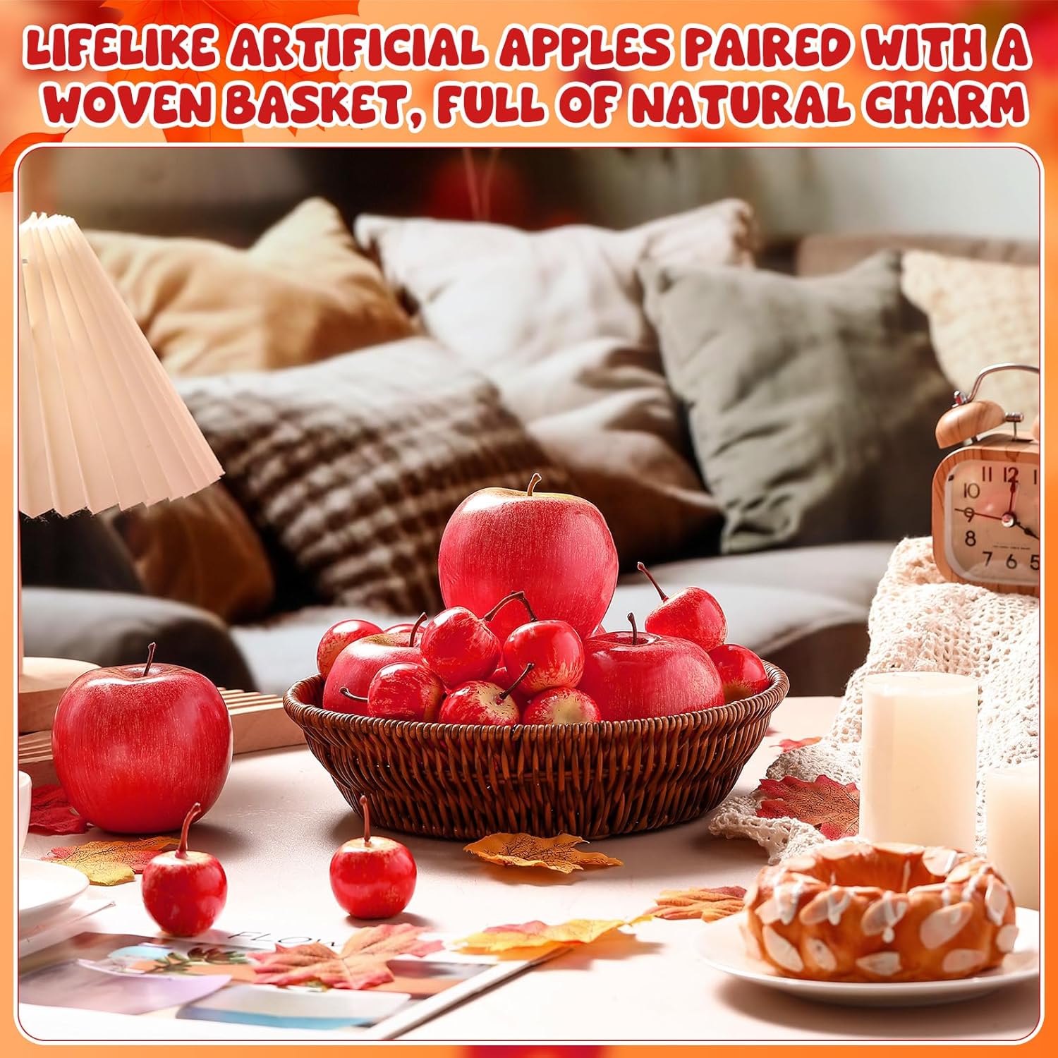 Wavwavw 30 Pcs Fake Apples with Woven Basket Fall Artificial Red Apples for Autumn Harvest Decoration, Photography Props, Kitchen Table Centerpiece, Wreath DIY Crafts(2 Sizes)