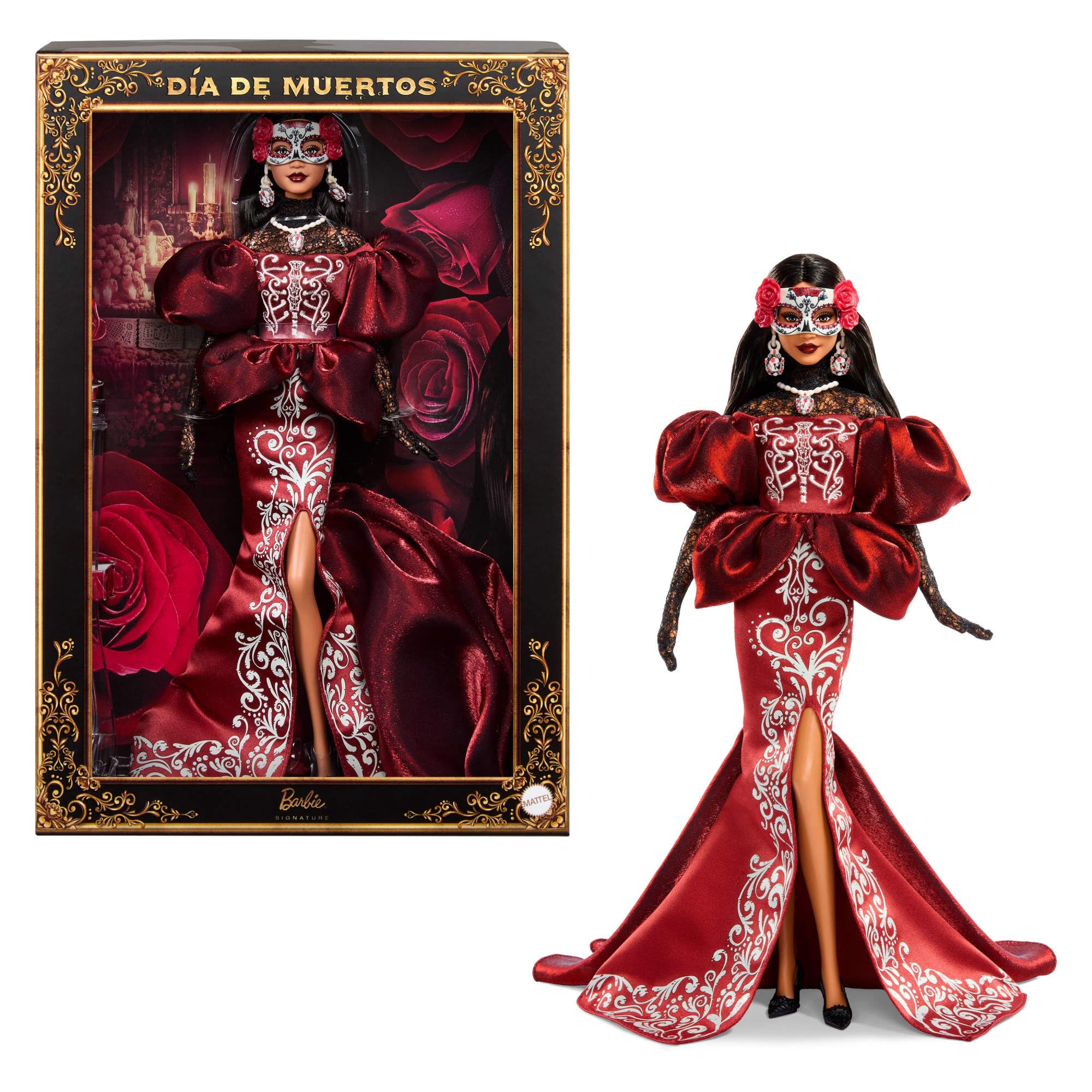 Barbie Signature Día De Muertos Halloween-Sammlerpuppe | Halloween Satin-Meerjungfrauenkleid mit Stickdetails, abnehmbare Calavera-Maske, Totenkopf-Akzente, ab 6 Jahren, JJX96