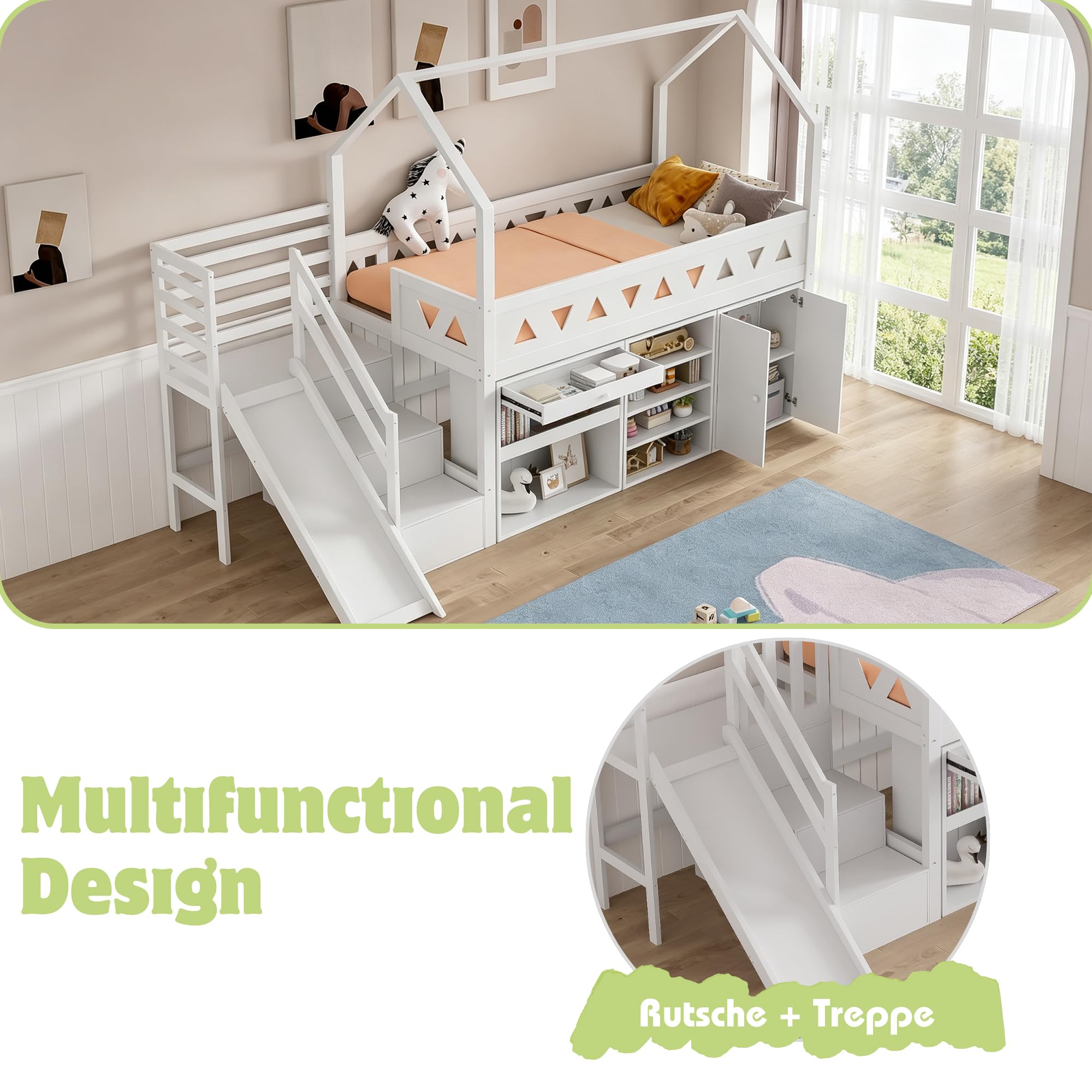 Merax Kinderbett Hochbett 90x200 cm, mit Treppe Staufach Stauraum,Rutsche,Schreibtisch,Schließfach,Platzsparendes Kinder Einzelbett mit Lattenrost und Rausfallschutz,Ohne Matratze,weiß,90 * 200cm