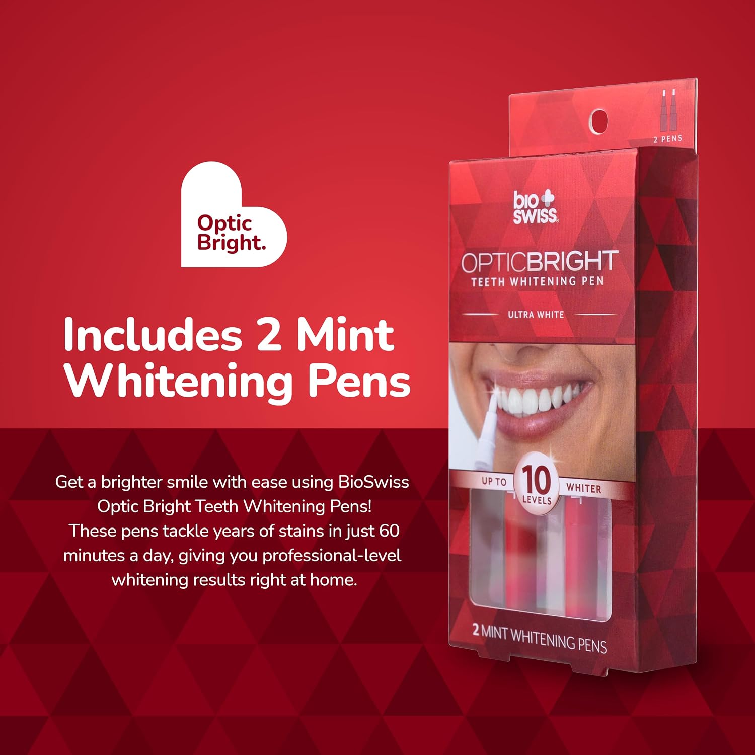 BioSwiss Optic Bright Teeth Whitening Pens, 2 Pack White Mint Tooth Whitener Pen Set