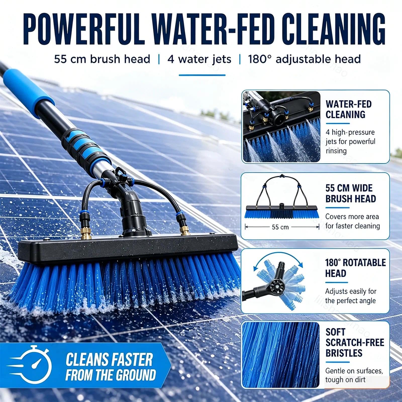 Kit de limpieza hidráulico retráctil para paneles solares que incluye una escobilla de goma de 32 cm, dispensador de jabón, cepillo para polvo y más adecuado para limpiar paneles solares y ventanas
