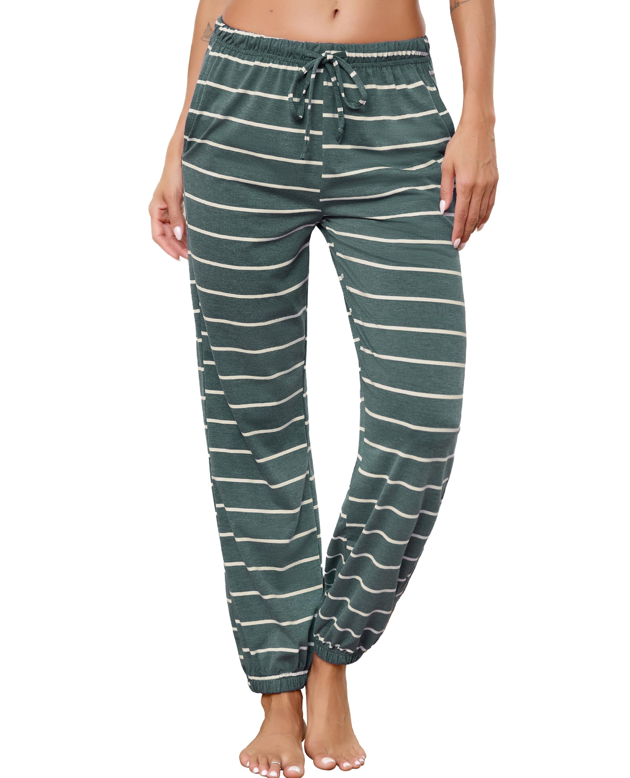 Lovasy Pyjamahose Damen Lang Baumwolle Gestreift Lockere | Leichter Loungewear Schlafanzughose mit Kordelbund und Taschen, Bequeme Schlaf‑ & Freizeithose für den Alltag