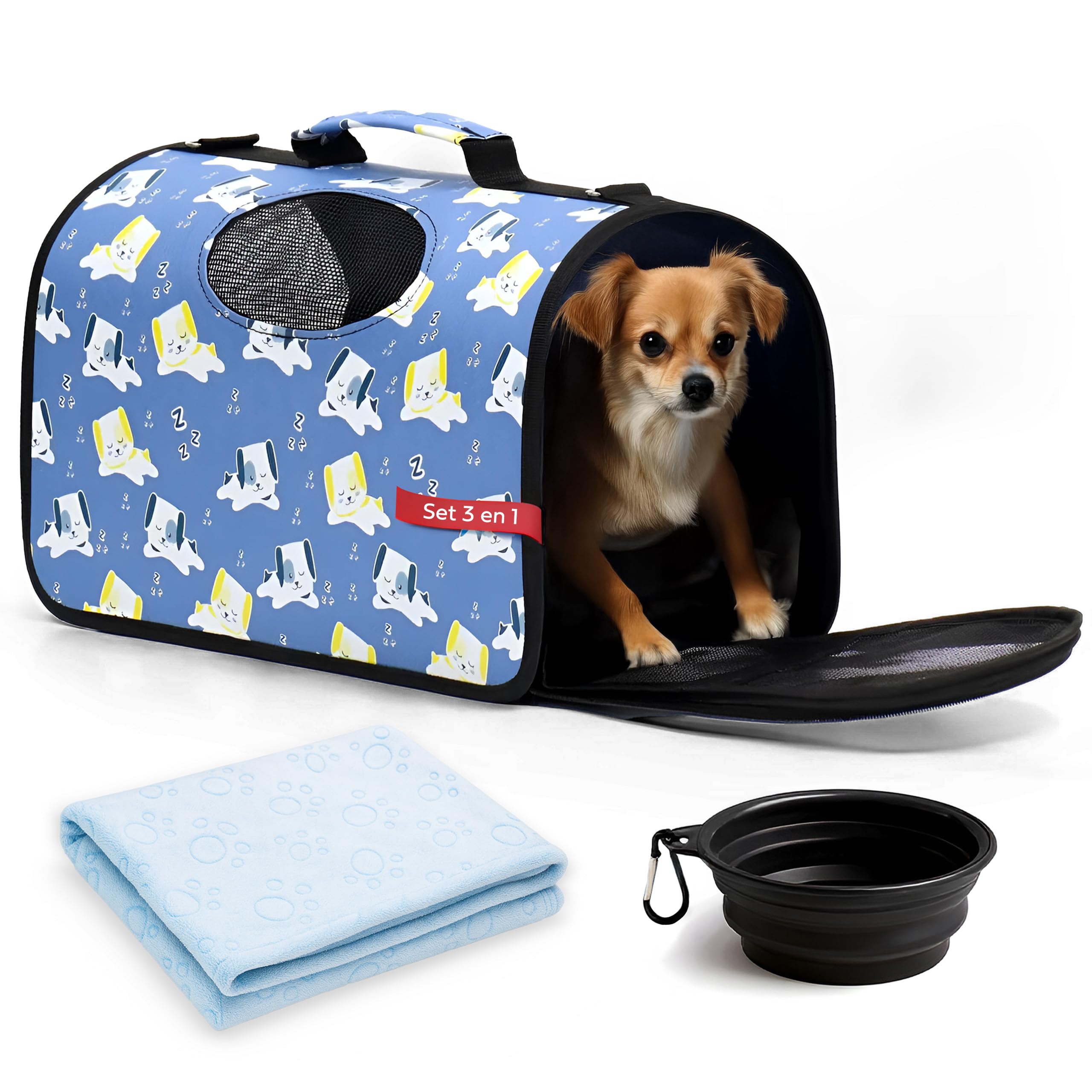 Small Medium Foldable Fabric Dog Carrier Bag Large Cat Bag Rabbit Pets - Set with Plate and Travel Blanket