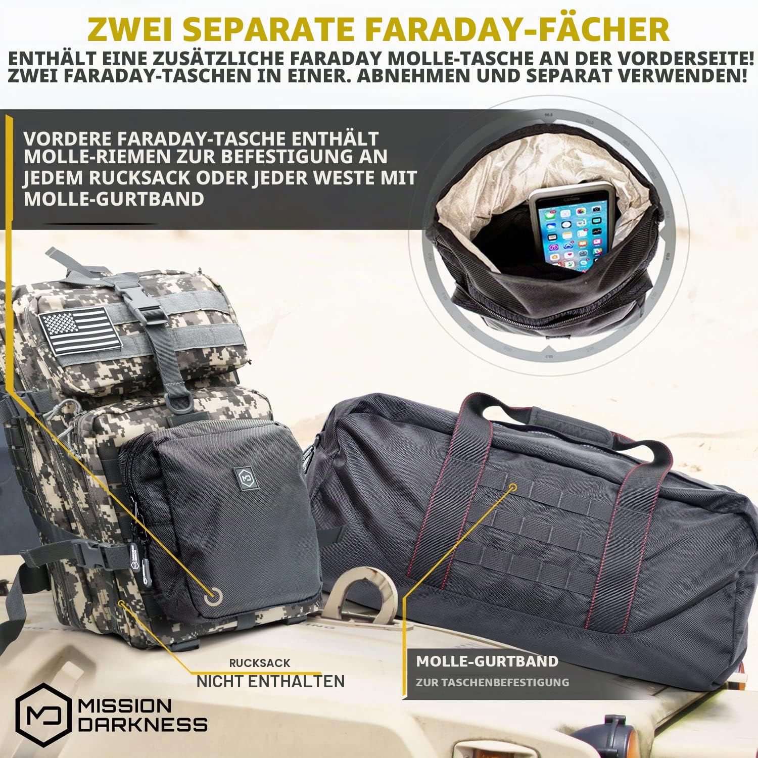 Mission Darkness X2 Faraday Seesack + Abnehmbarer MOLLE Faraday Beutel (Aktualisierte Version) // Militärische HF-Abschirmung für Elektronik und Mobilgeräte Signalisolierung Datenschutz