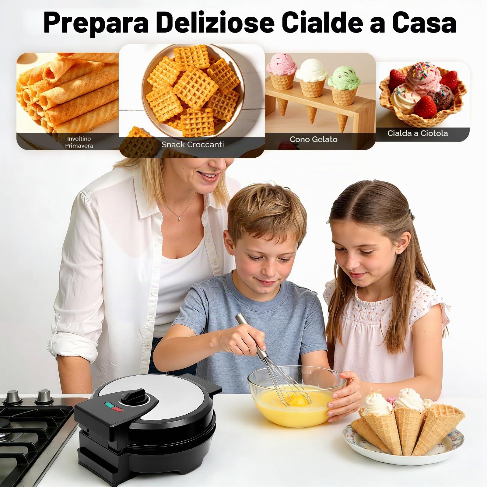Piastra per waffle sottile per gelato, cialda elettrico, produttore di coni, antiaderente, piastra da forno in ferro, superficie di cottura, 20 cm, con spia conica, 1000 W