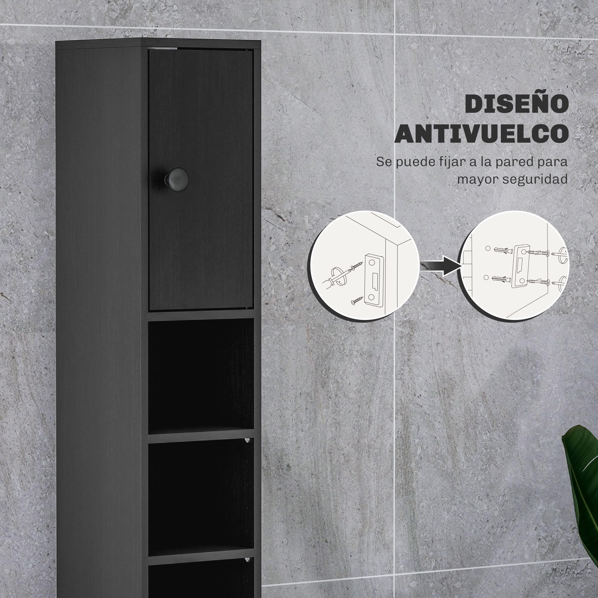kleankin Armario de Baño Alto, Columna de Baño Estrecha con 1 Cajón, 4 Estantes Abiertos y Estantes Ajustables, 2 Puertas, Estilo Moderno, para Espacios Pequeños, 20x20x180 cm, Negro