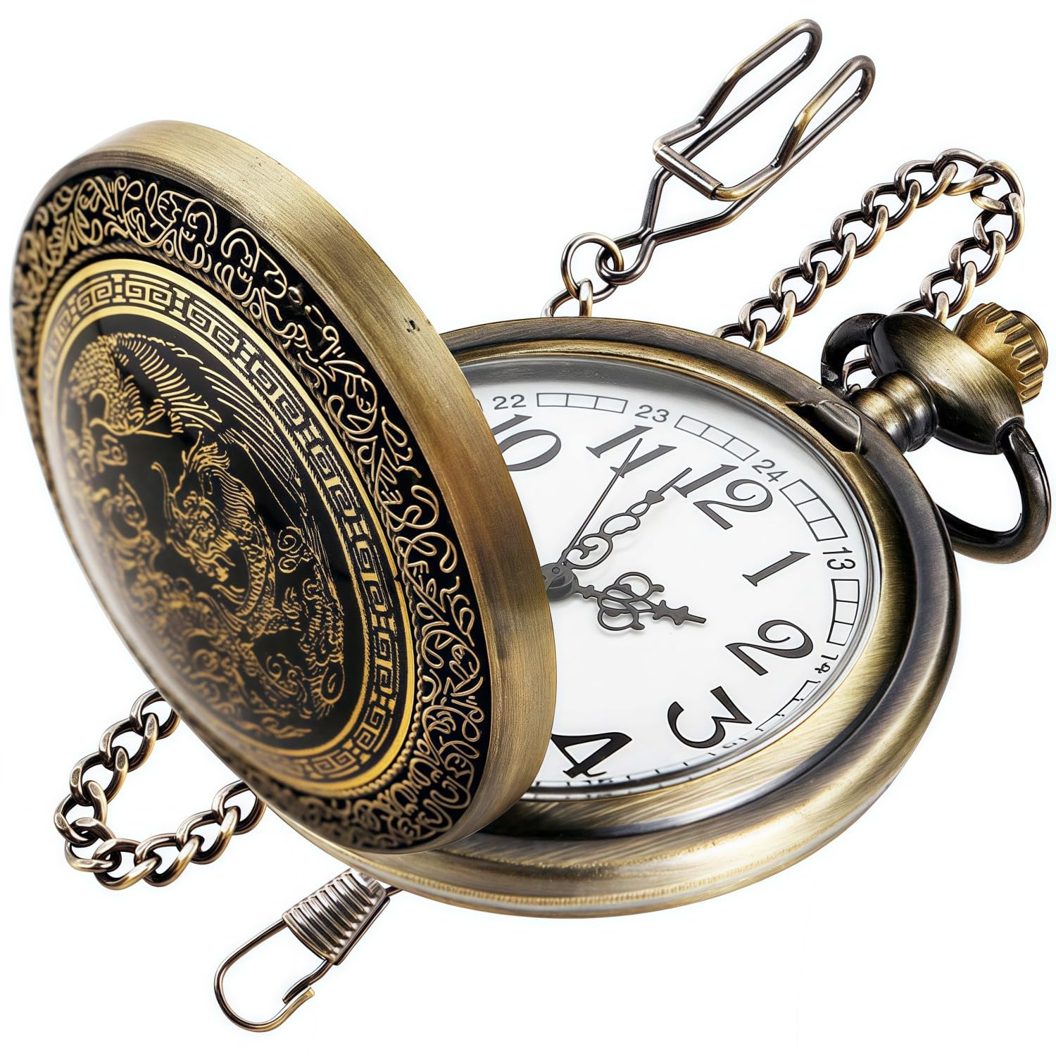 DerMacht Pocket Watch for Men Women Black Dragon and Phoenix Quartz Pocket Watches with Chain