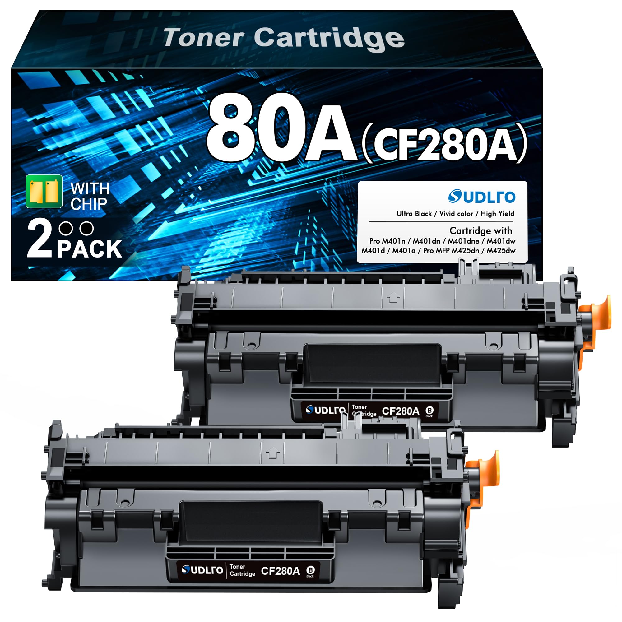 SUDLTO 80A Toner Cartridge Black - High Yield Replacement for - HP 80A CF280A 80X CF280X to Compatible with Laserjet Pro 400 M410 M401D M401A M401N M401DN M401DW M425DW M425DN Printer (2 Pack)