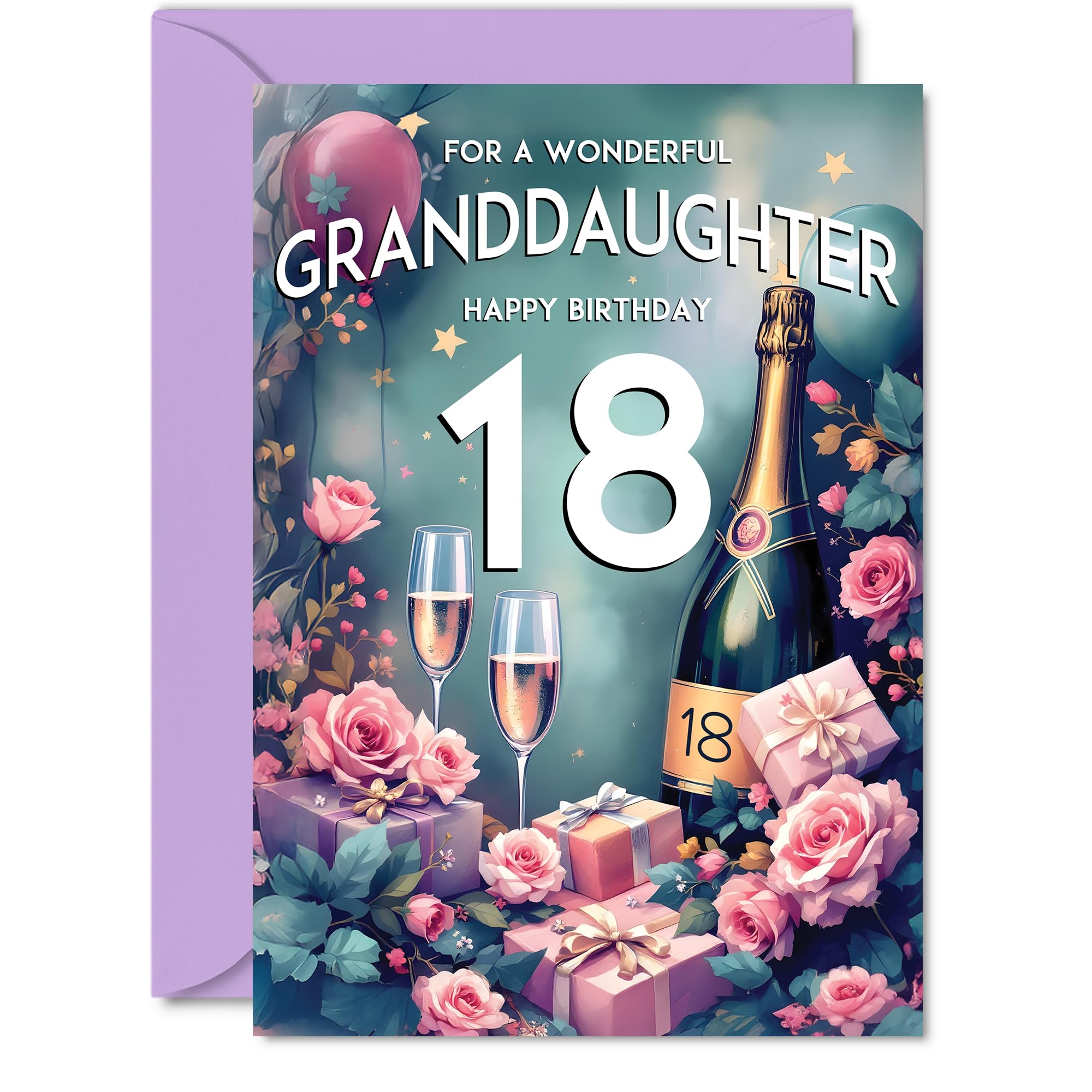 18th Birthday Card Granddaughter, Pink Presents Champagne Bottle
