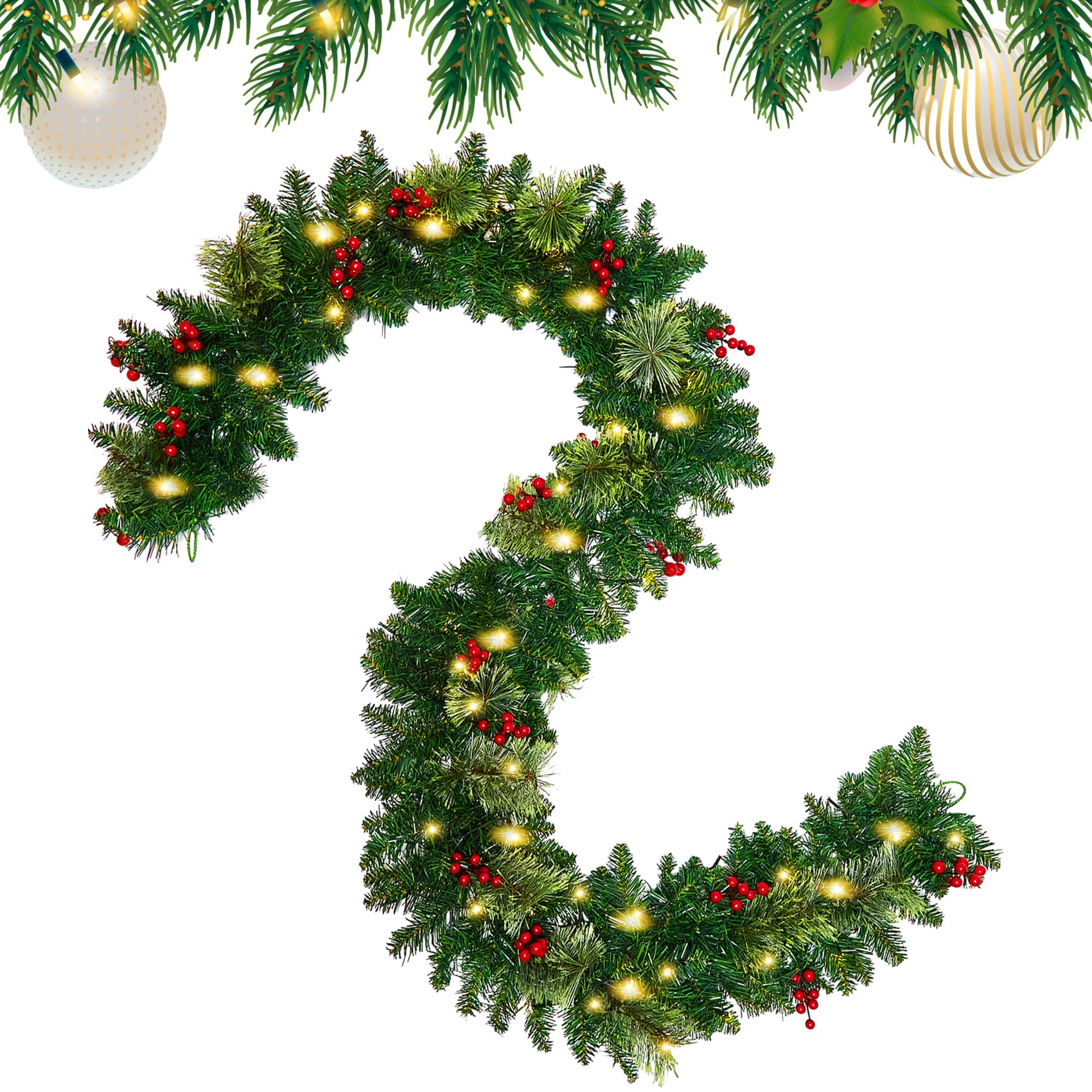 9FT Green Christmas Garland with Lights, Lit in Pine Cones & Cedars for Mantle, Stairs, Railing & Fireplace - Indoor & Outdoor, Battery Operated