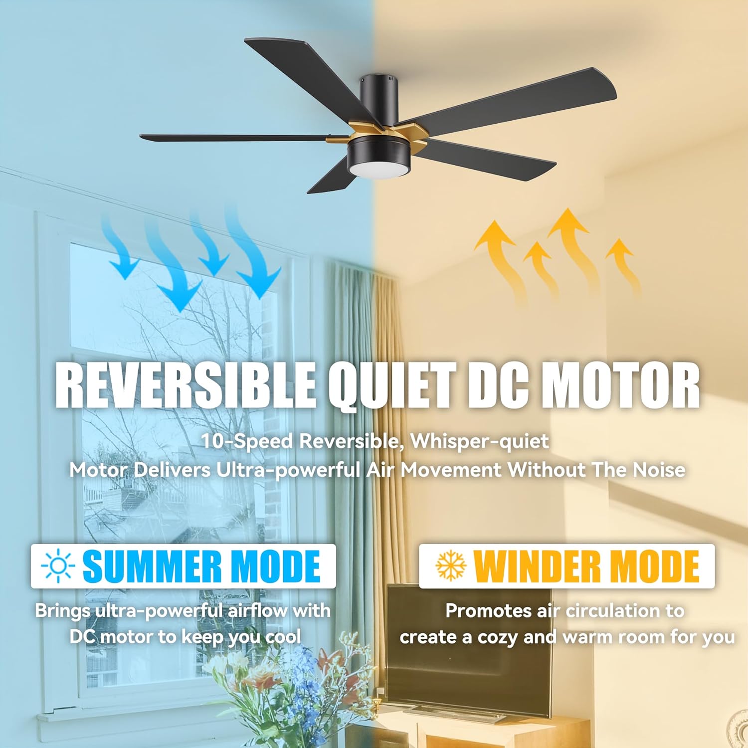 SMAAIR 52" Smart Ceiling Fan with Light, Indoor/Outdoor Ceiling Fan with DC Motor,10-speed,Flush Mount, Works with Remote Control/Alexa/Google Assistant/Siri Shortcuts, Black/Gold