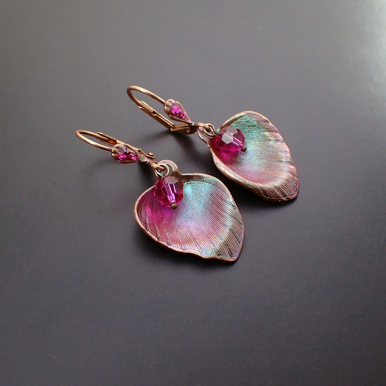 Shimmering Pink and Green Rose Flower Petal Lever Back Earrings with Fuchsia Crystals and USA-made Antiqued Copper