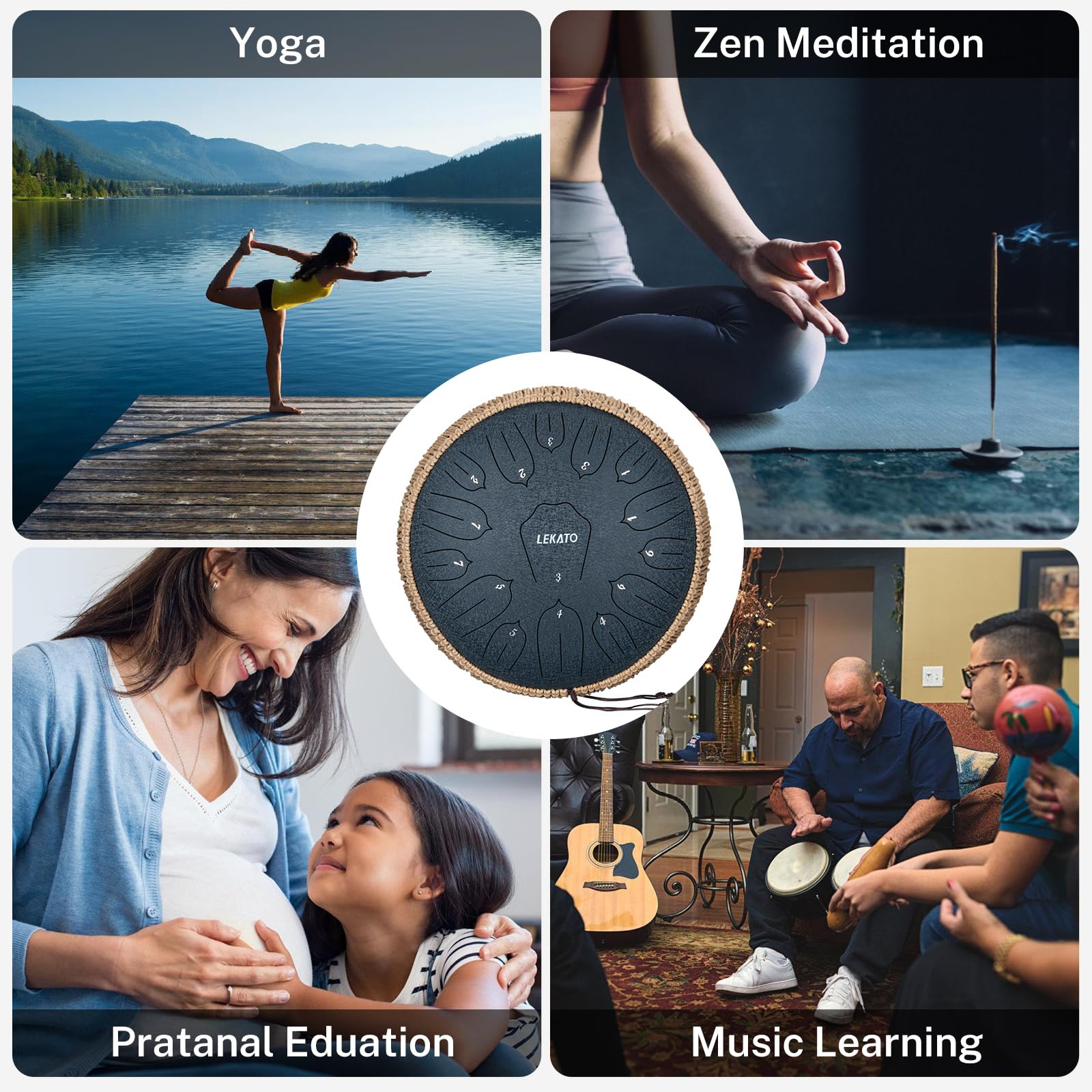 LEKATO Tambor de lengua de acero de 14 pulgadas, 15 notas, tambor de aleación de acero, llave C, para principiantes/profesional, tambor zen de percusión para meditación, yoga, educación musical, el