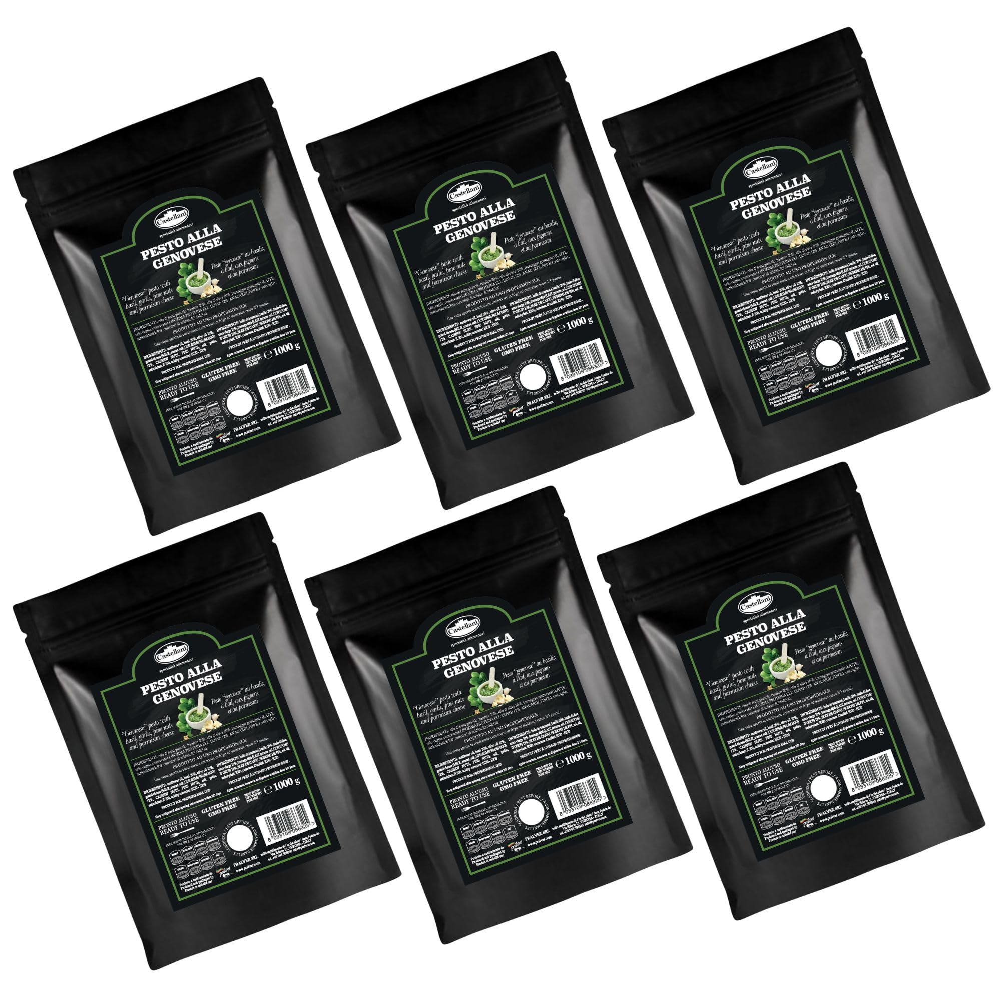 Castellani Pesto alla Genovese Pronto all'Uso Senza Glutine e OGM per Pasta e Condimenti Uso Professionale 6 Buste da 1 Kg