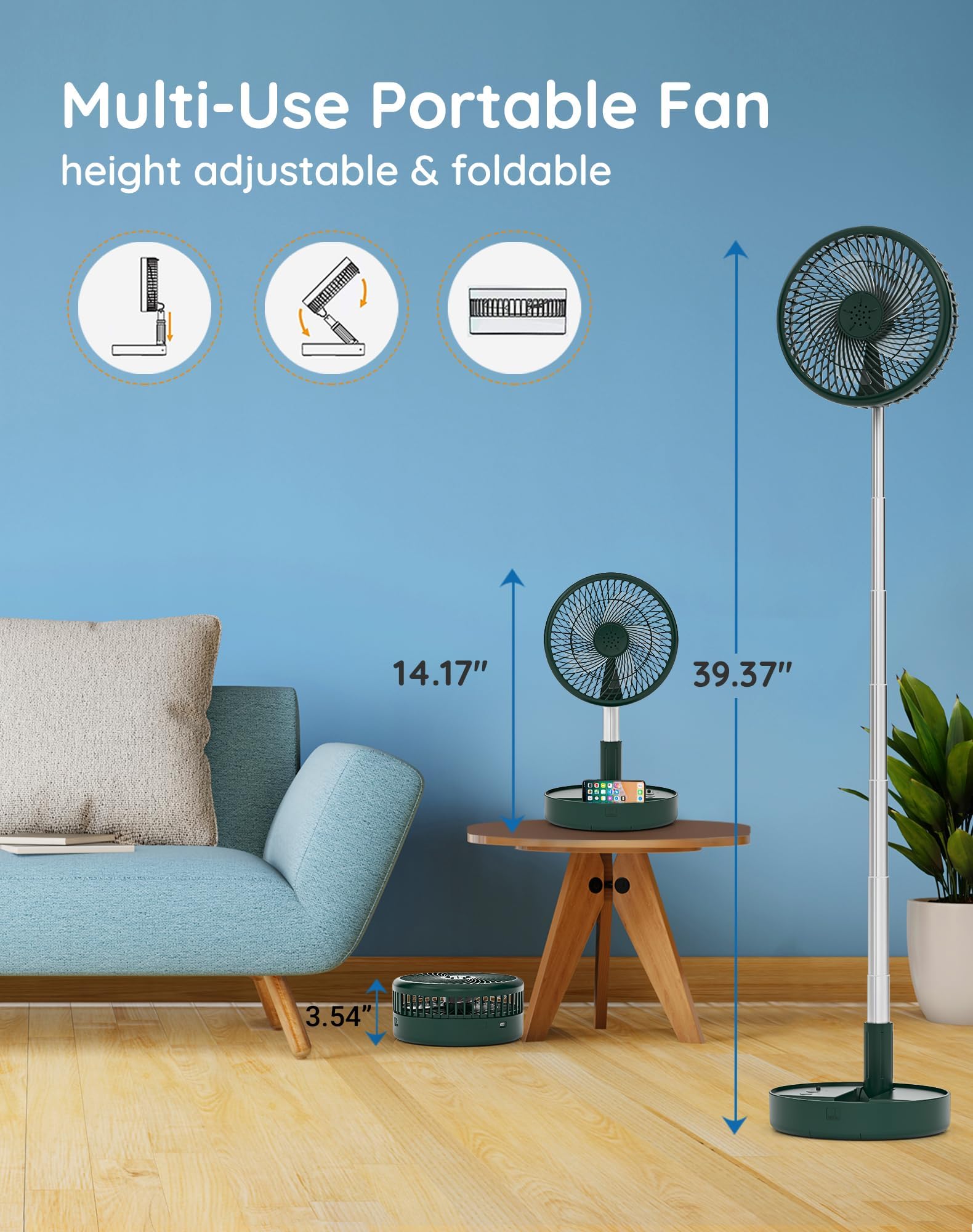 Ventilatore ricaricabile portatile, 7200mAh a batteria con telecomando | Ventilatore da tavolo pieghevole, 6-21 ore, 4 velocità, per viaggi, campeggio, crociera, camera da letto, verde, 19,6 cm