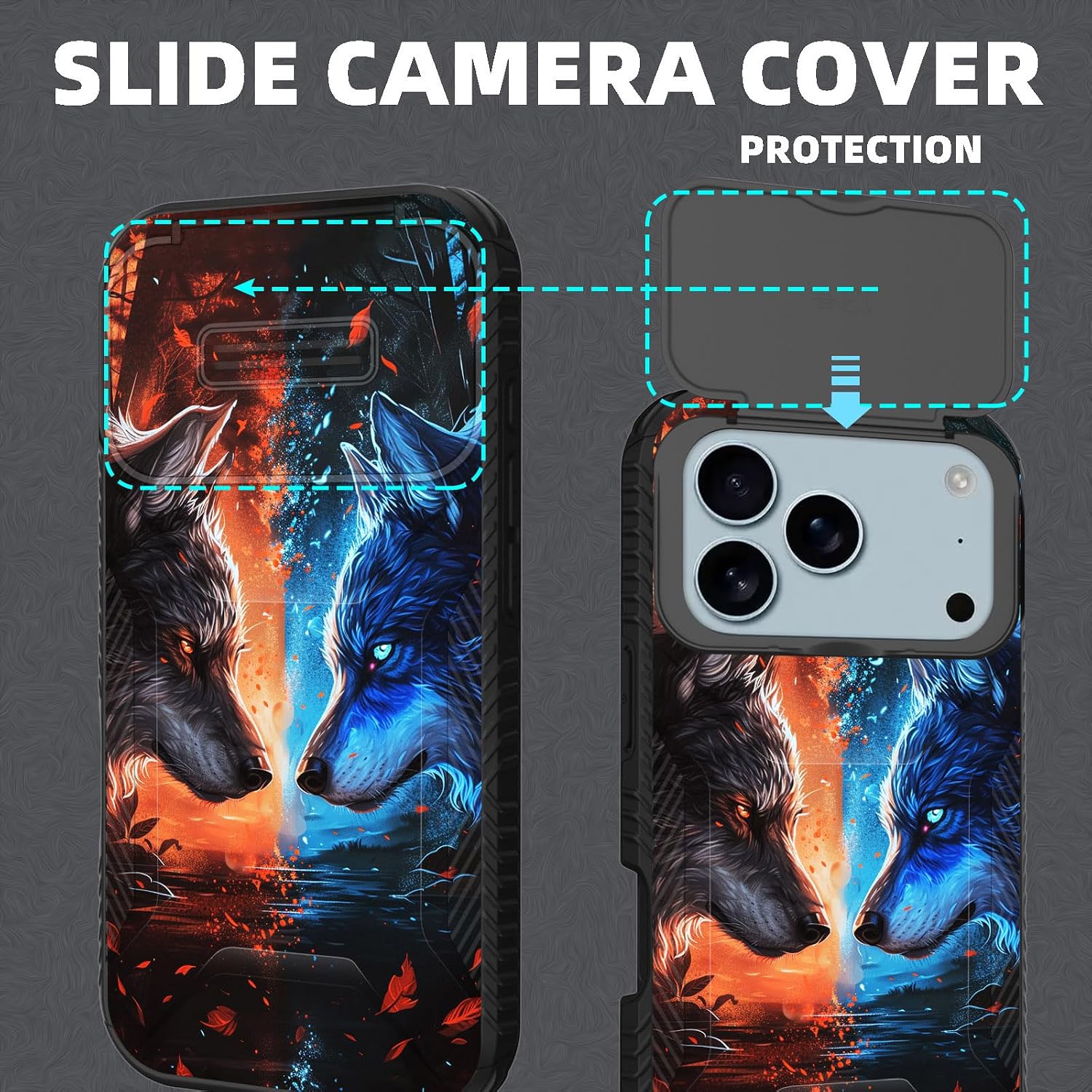 for iPhone 17 Pro Max Case Built in Slide Camera Lens Cover,Heavy Duty Shockproof Protection Dual Layer Case for iPhone 17 Pro Max 6.9'' 2025,Cool Wolf image 3