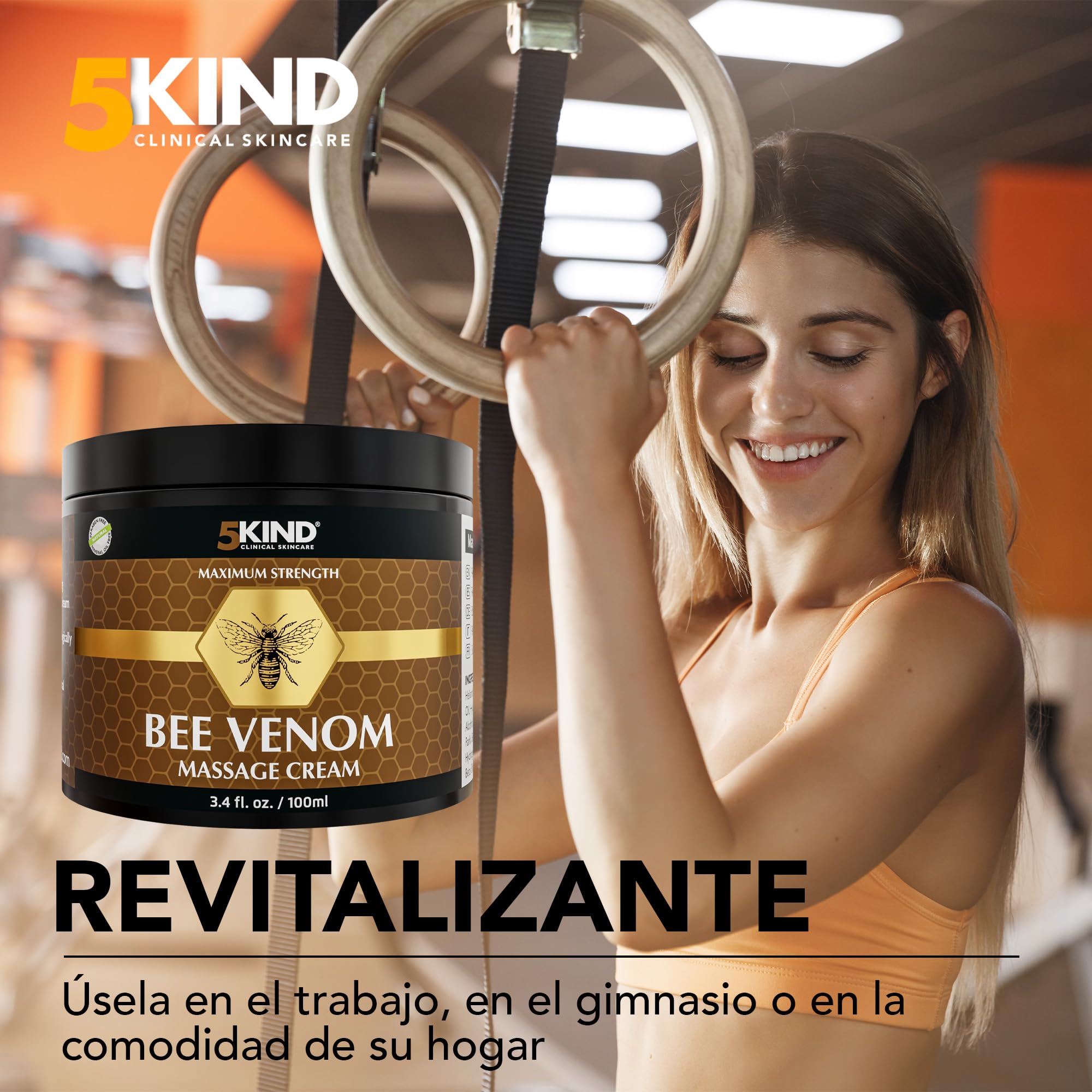 5Kind Veneno de Abeja Crema Maximum Strength 100ml - Crema Veneno de Abeja - Masaje Natural para Músculos, Zona Lumbar, Rodillas, Cuello, Hombros & Pies - De Origen Responsable Bee Venom Cream
